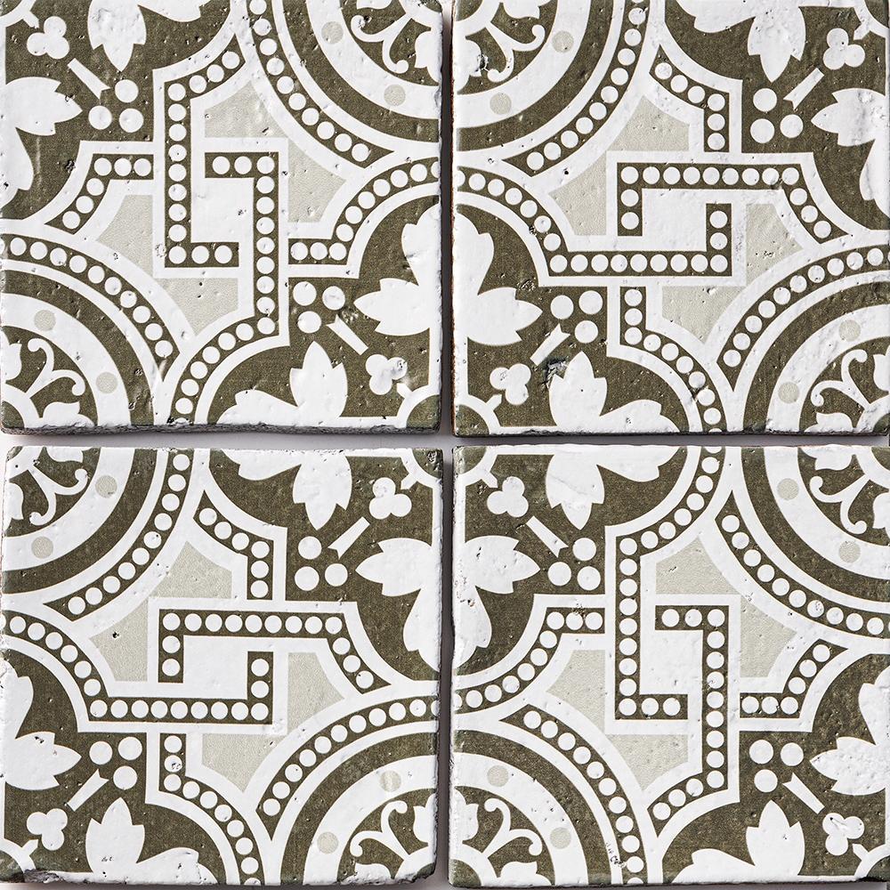 palena 4 antique glazed terracotta deco tile size six by six sold by surface group manufactured by marble systems used for kitchen backsplashes living room accent walls and bathroom walls