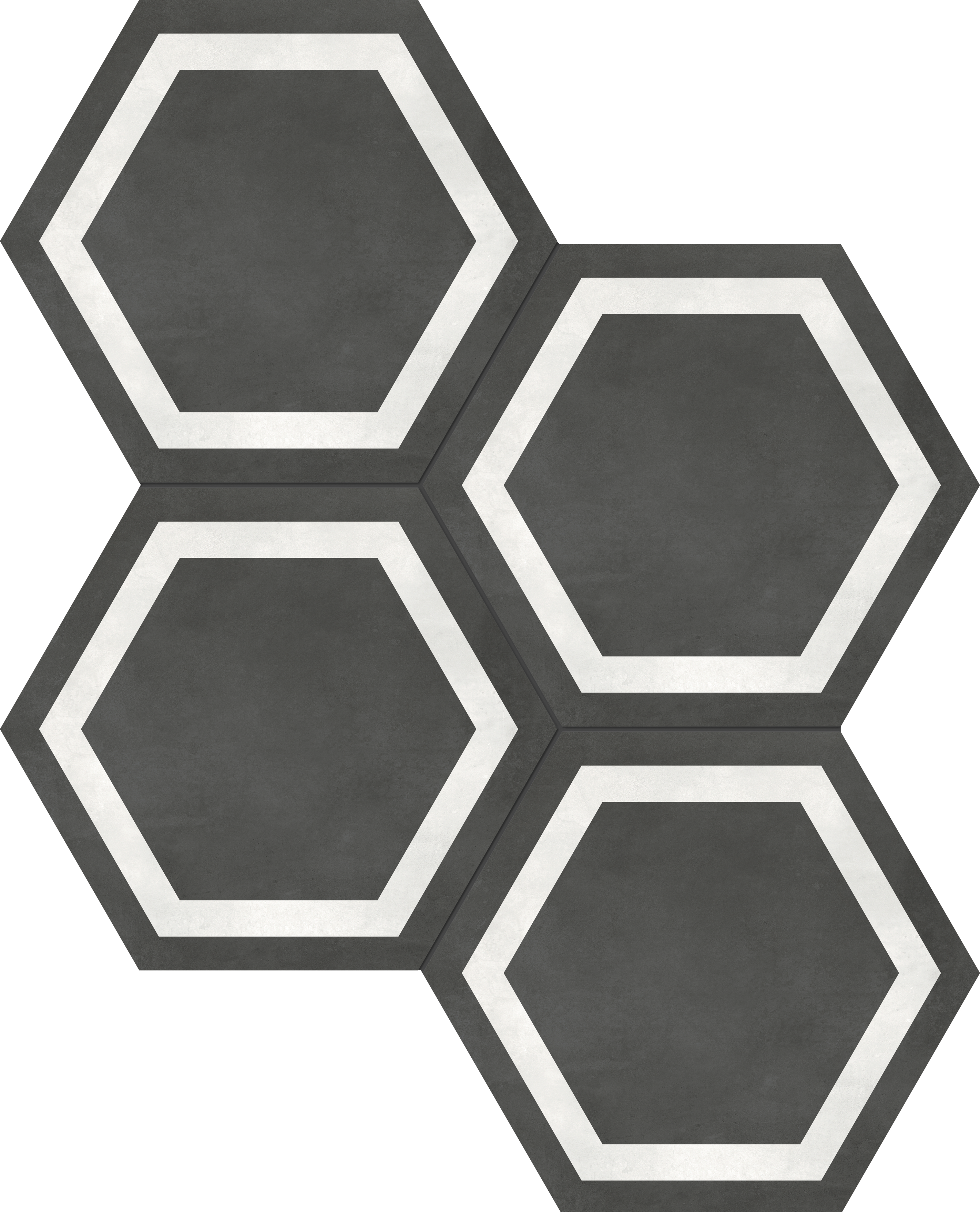 graphite print pattern glazed porcelain deco tile from form anatolia collection distributed by surface group international matte finish pressed edge 7-inch hexagon shape