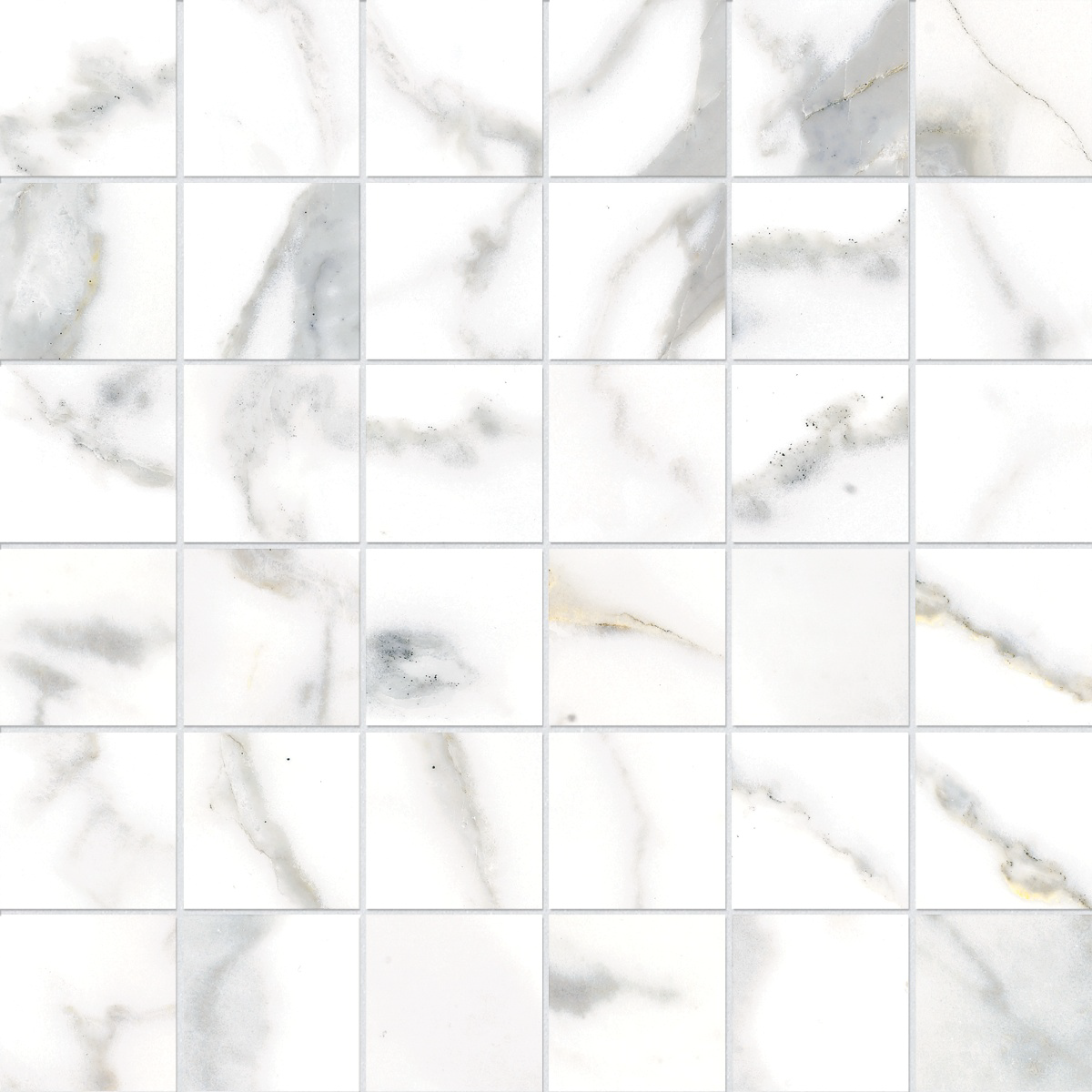 calacatta straight stack 2x2-inch pattern glazed porcelain mosaic from classic anatolia collection distributed by surface group international matte finish straight edge edge mesh shape