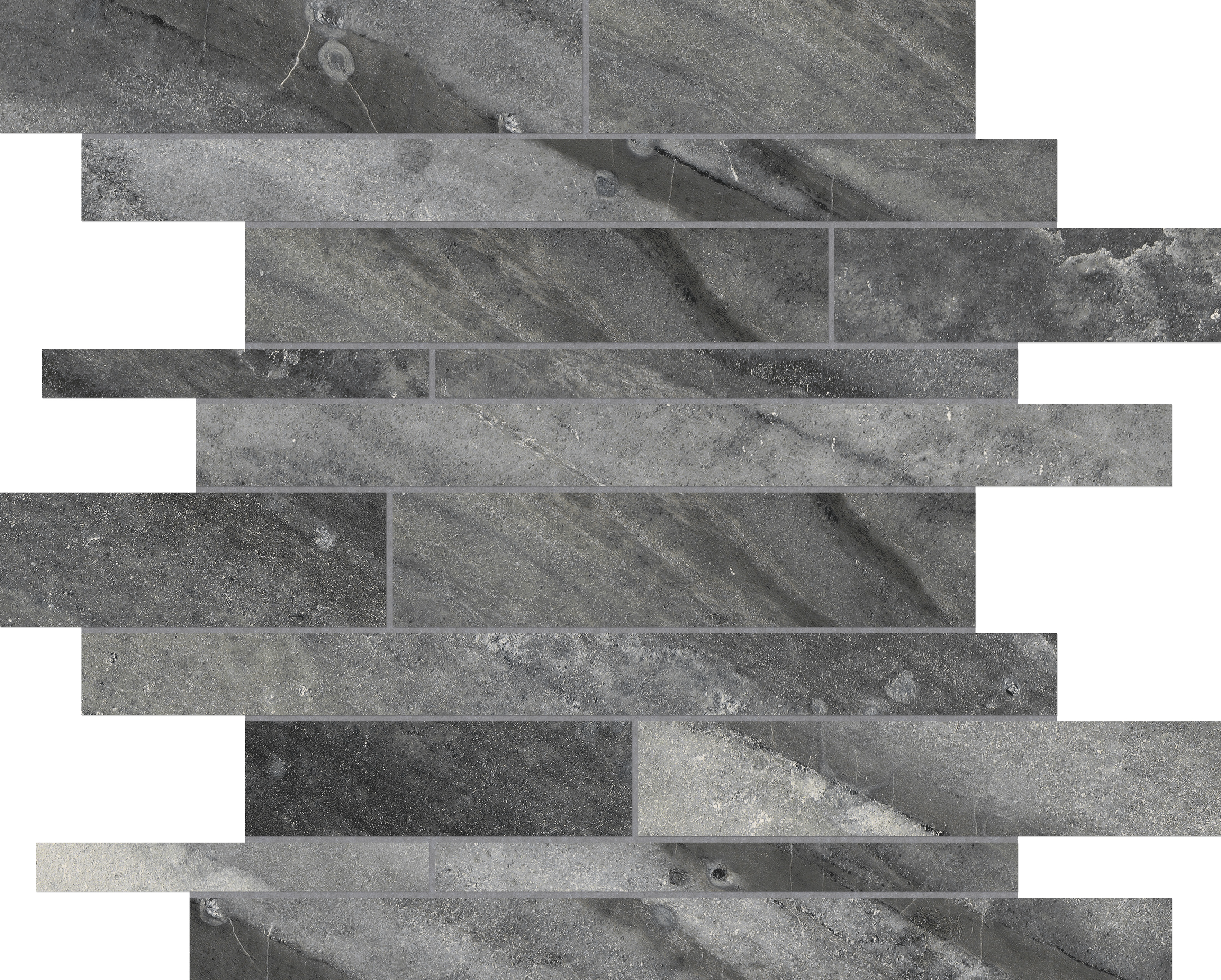 carbon random strip pattern glazed porcelain mosaic from evolution anatolia collection distributed by surface group international matte finish straight edge edge mesh shape