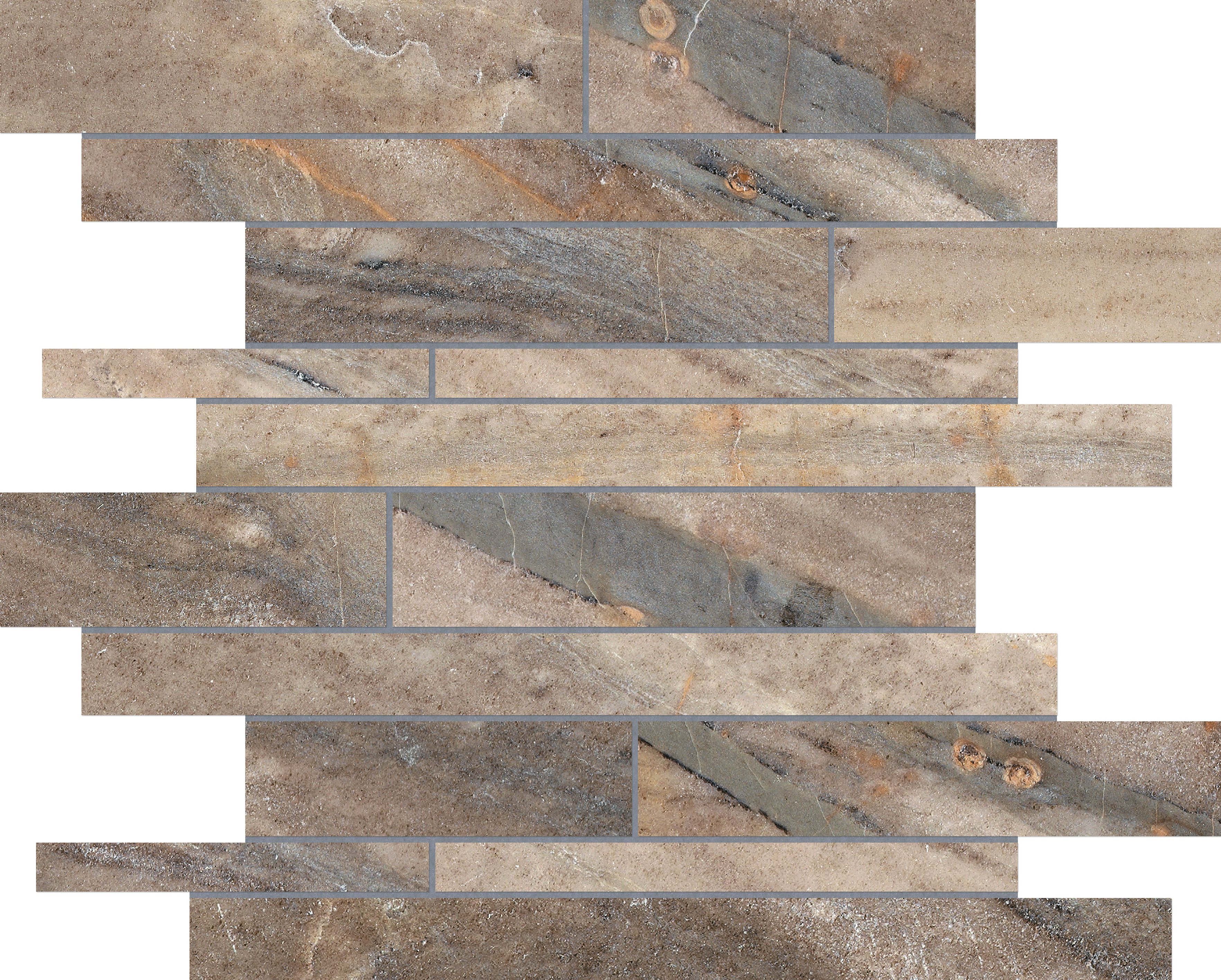 earth random strip pattern glazed porcelain mosaic from evolution anatolia collection distributed by surface group international matte finish straight edge edge mesh shape
