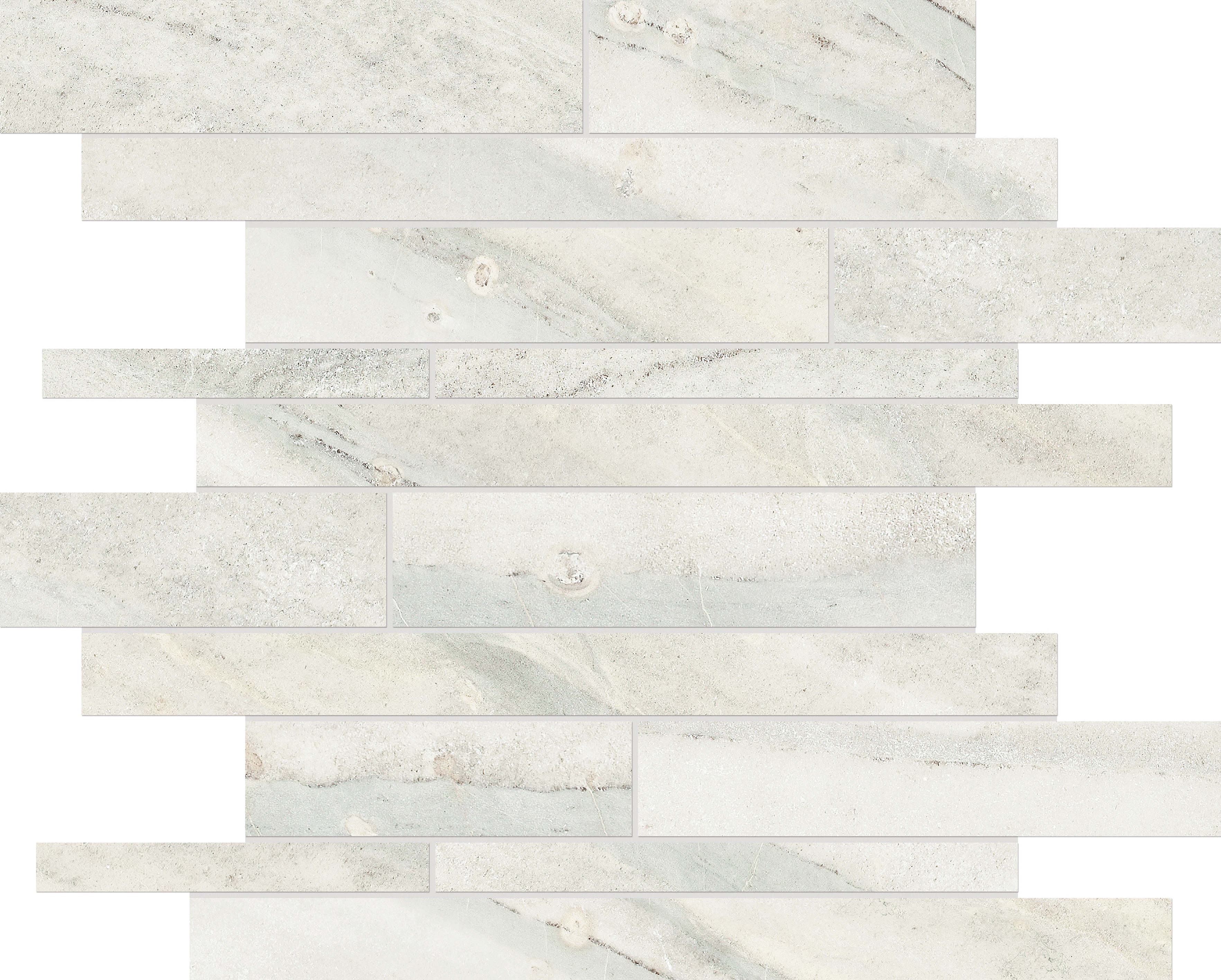 ice random strip pattern glazed porcelain mosaic from evolution anatolia collection distributed by surface group international matte finish straight edge edge mesh shape