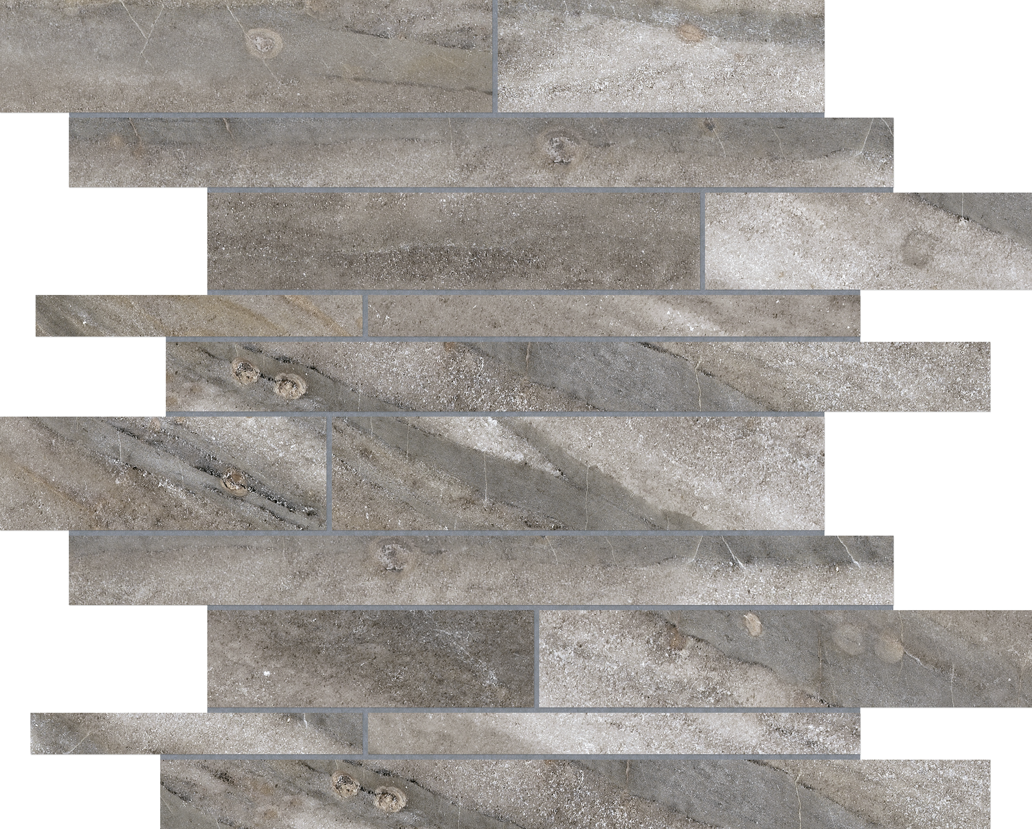 mica random strip pattern glazed porcelain mosaic from evolution anatolia collection distributed by surface group international matte finish straight edge edge mesh shape