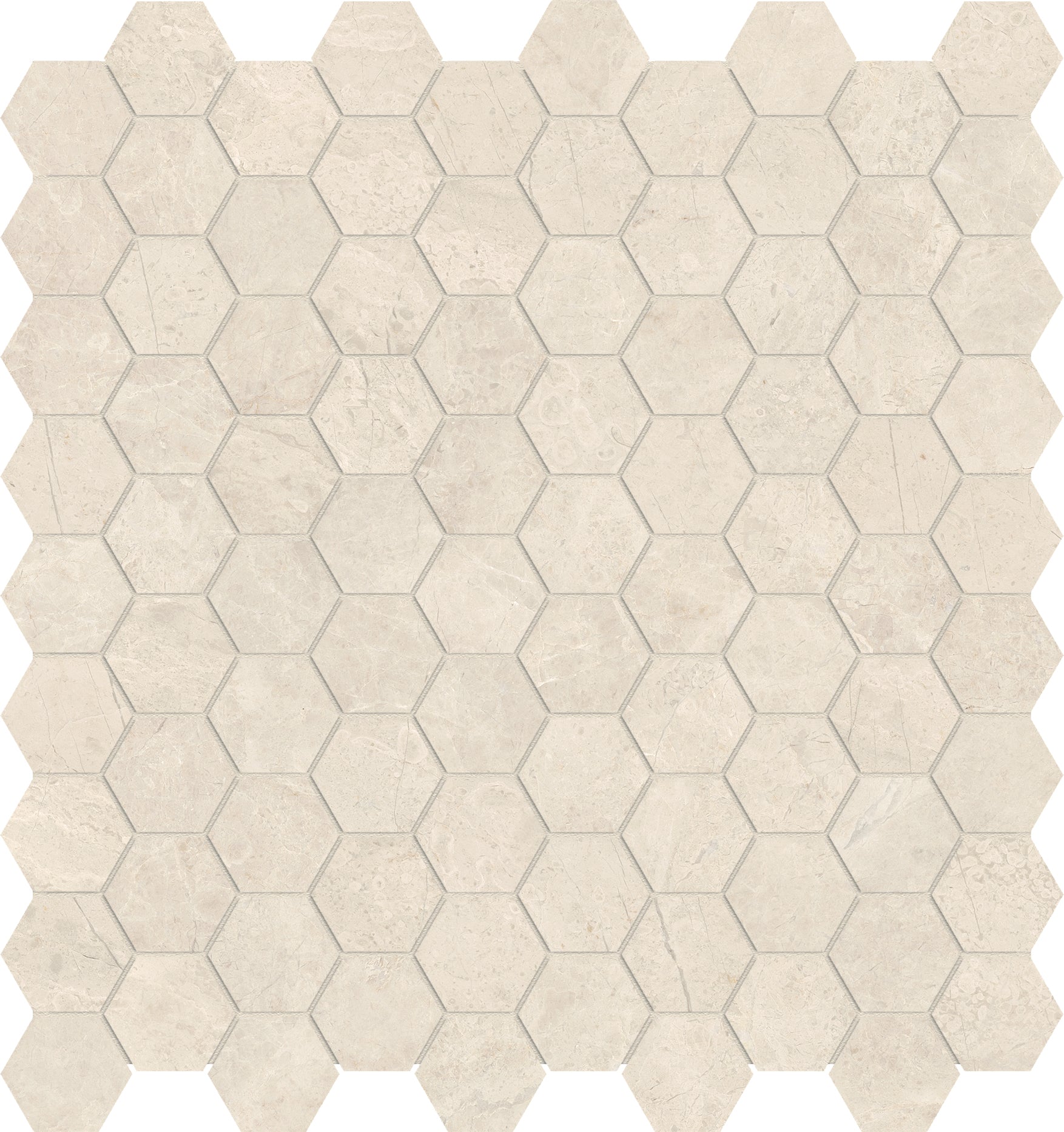 allure ivory hexagon 1&25-inch pattern glazed porcelain mosaic from mayfair anatolia collection distributed by surface group international polished finish straight edge edge mesh shape
