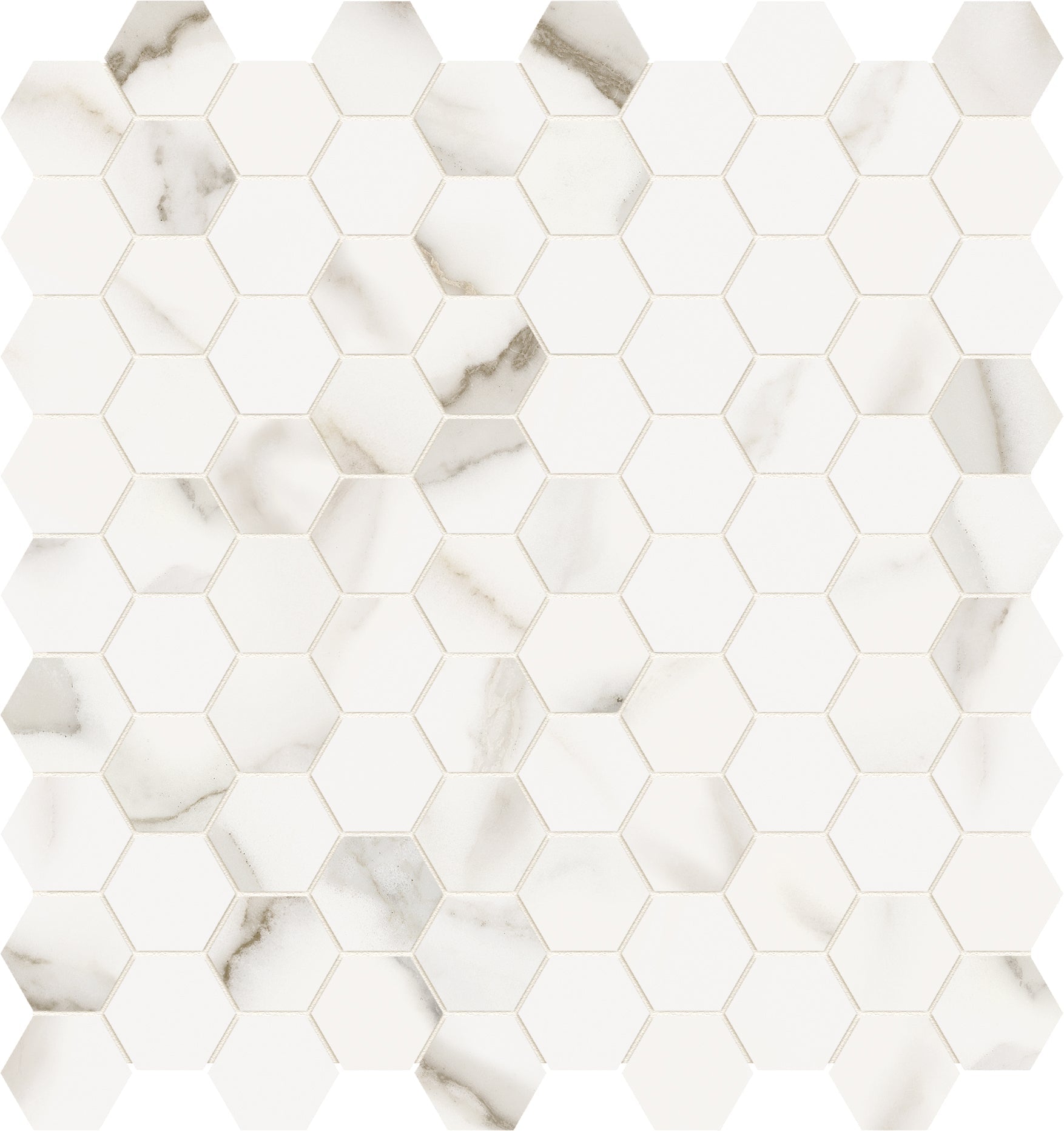 calacatta oro hexagon 1&25-inch pattern glazed porcelain mosaic from mayfair anatolia collection distributed by surface group international polished finish straight edge edge mesh shape