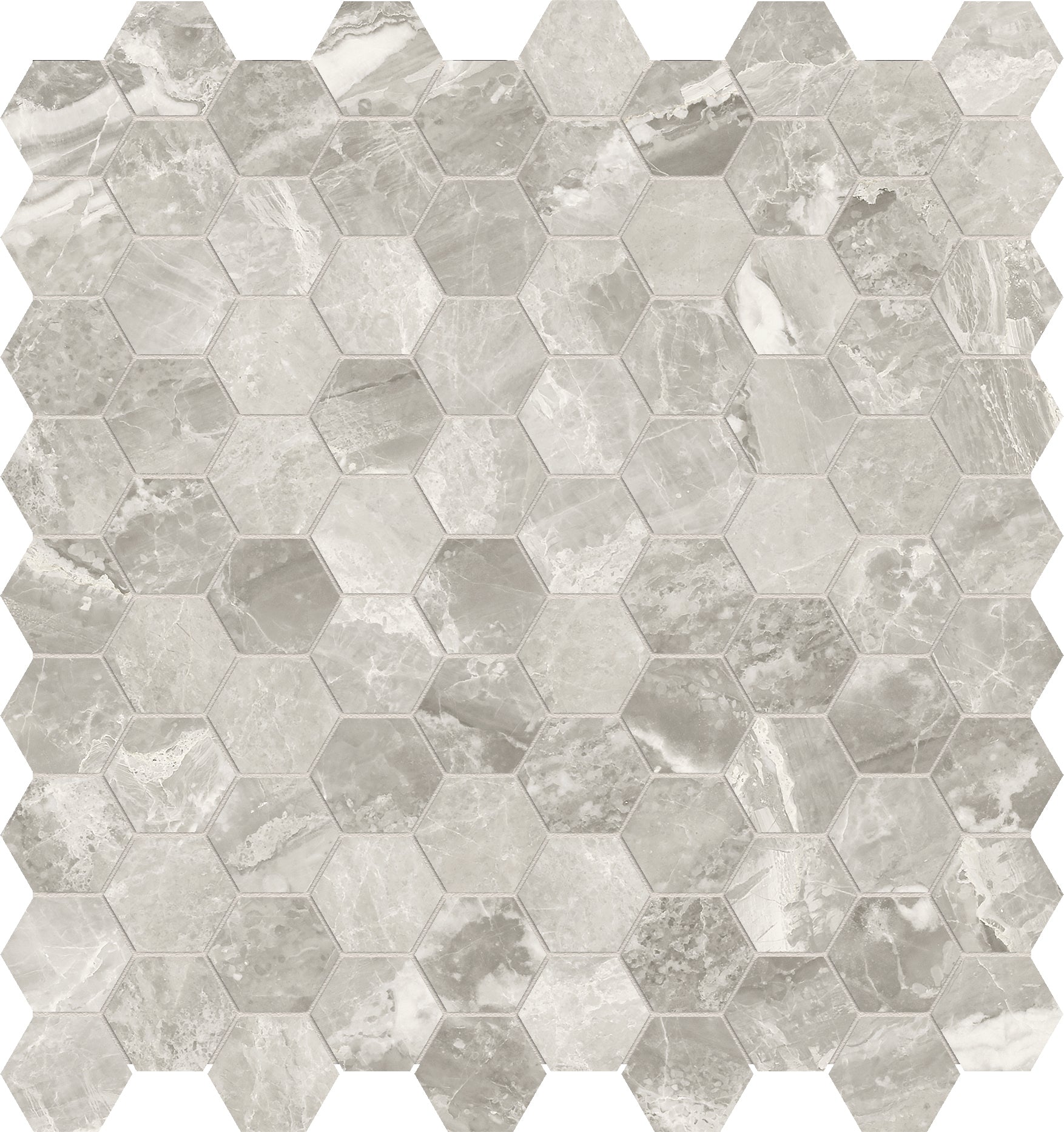 stella argento hexagon 1&25-inch pattern glazed porcelain mosaic from mayfair anatolia collection distributed by surface group international polished finish straight edge edge mesh shape
