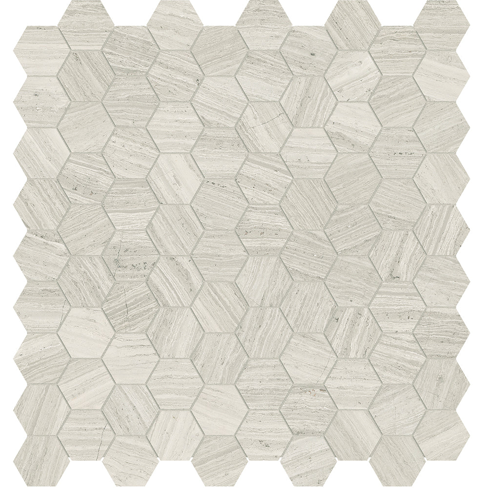 strada ash hexagon 1&25-inch pattern glazed porcelain mosaic from mayfair anatolia collection distributed by surface group international polished finish straight edge edge mesh shape