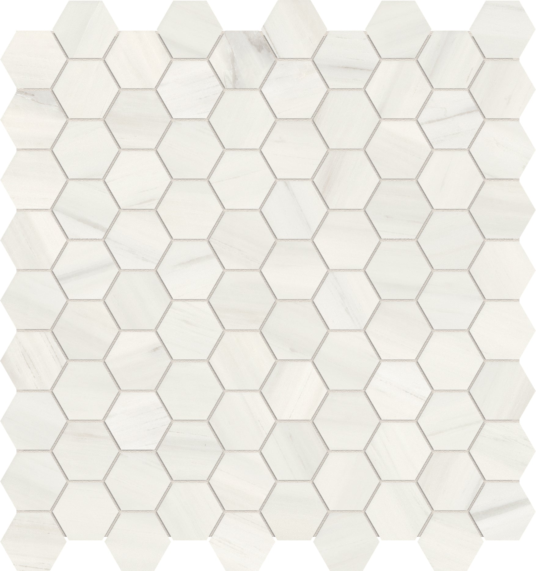 suave bianco hexagon 1&25-inch pattern glazed porcelain mosaic from mayfair anatolia collection distributed by surface group international polished finish straight edge edge mesh shape