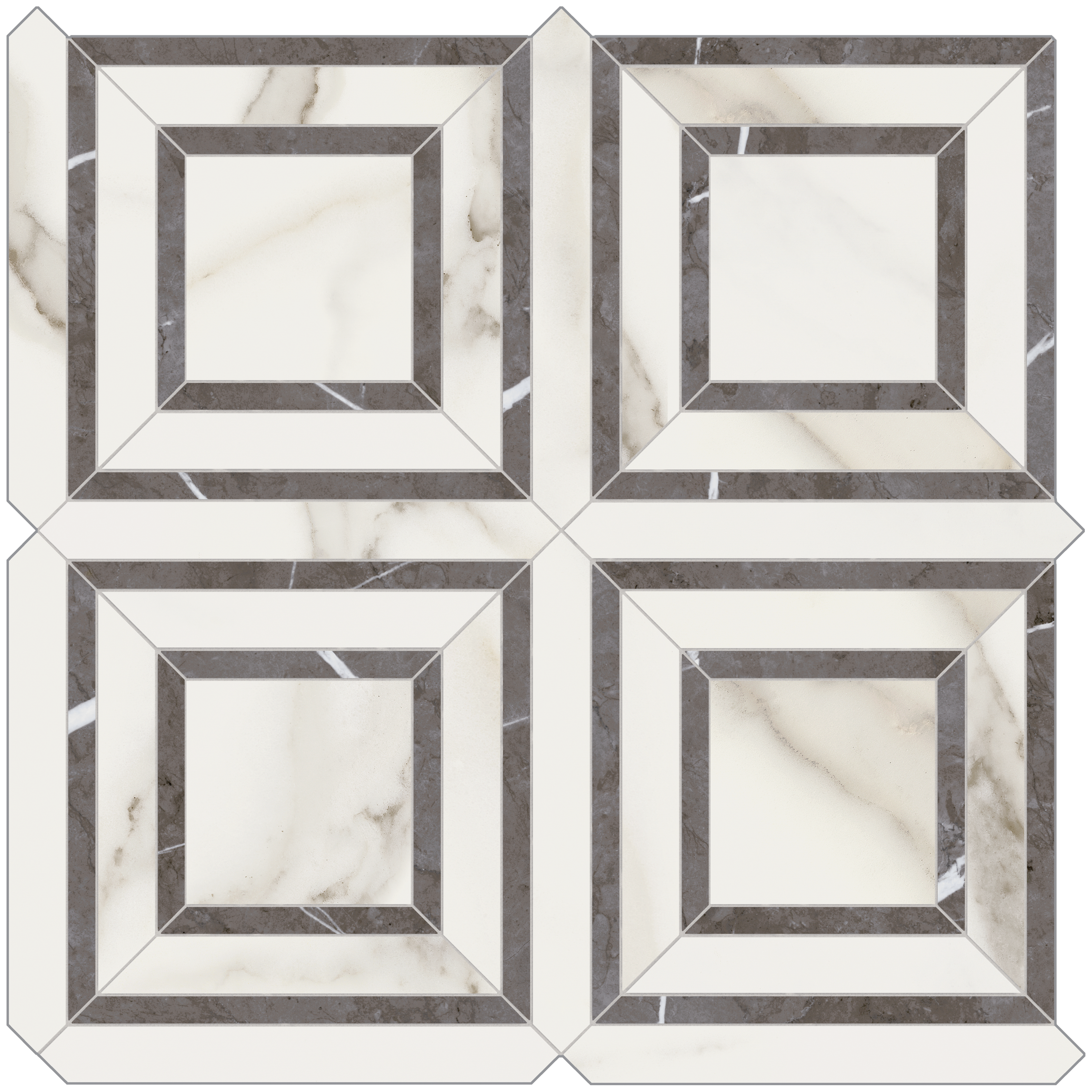 calacatta oro piazza pattern glazed porcelain mosaic from mayfair anatolia collection distributed by surface group international polished finish straight edge edge mesh shape
