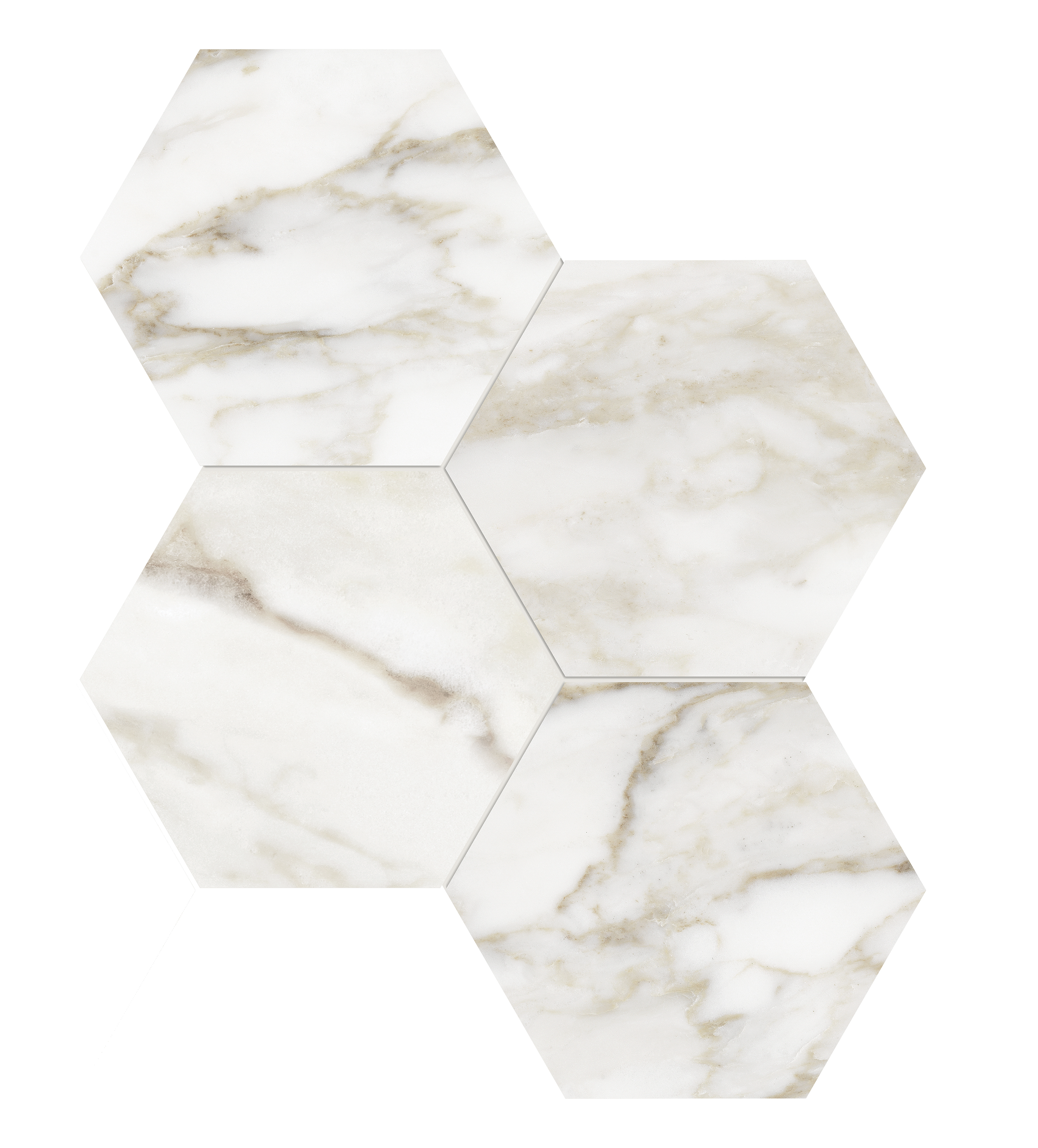 calacatta paonazzo hexagon 6-inch pattern glazed porcelain mosaic from la marca anatolia collection distributed by surface group international polished finish straight edge edge mesh shape