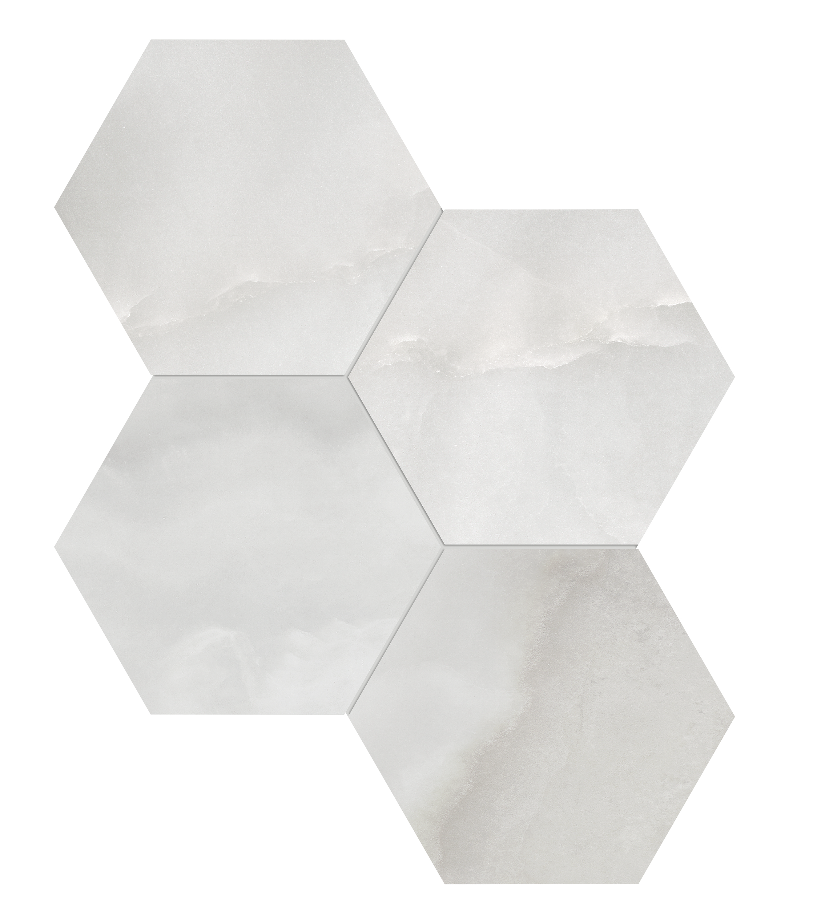 onyx nuvolato hexagon 6-inch pattern glazed porcelain mosaic from la marca anatolia collection distributed by surface group international polished finish straight edge edge mesh shape