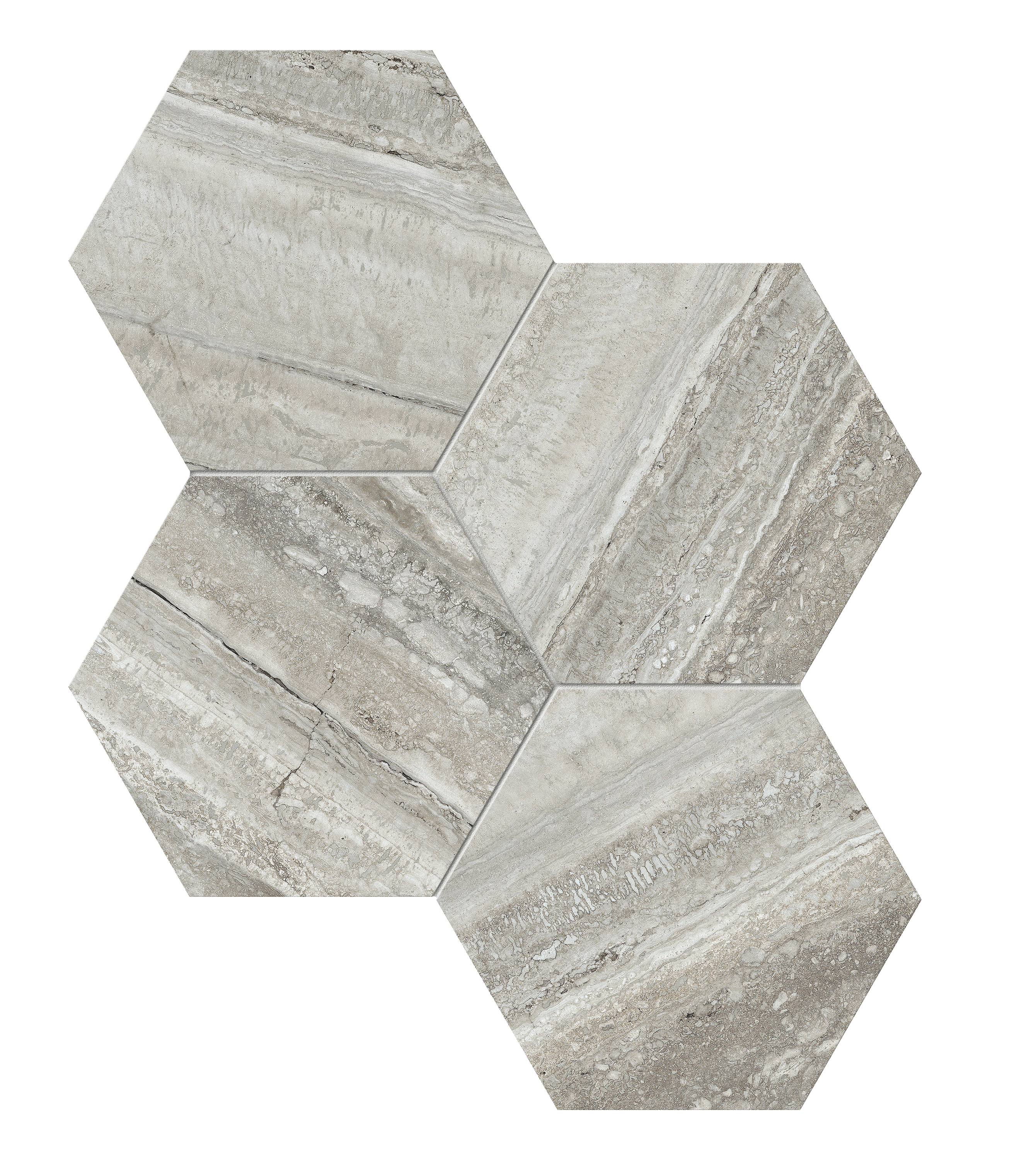 travertino instrata hexagon 6-inch pattern glazed porcelain mosaic from la marca anatolia collection distributed by surface group international polished finish straight edge edge mesh shape