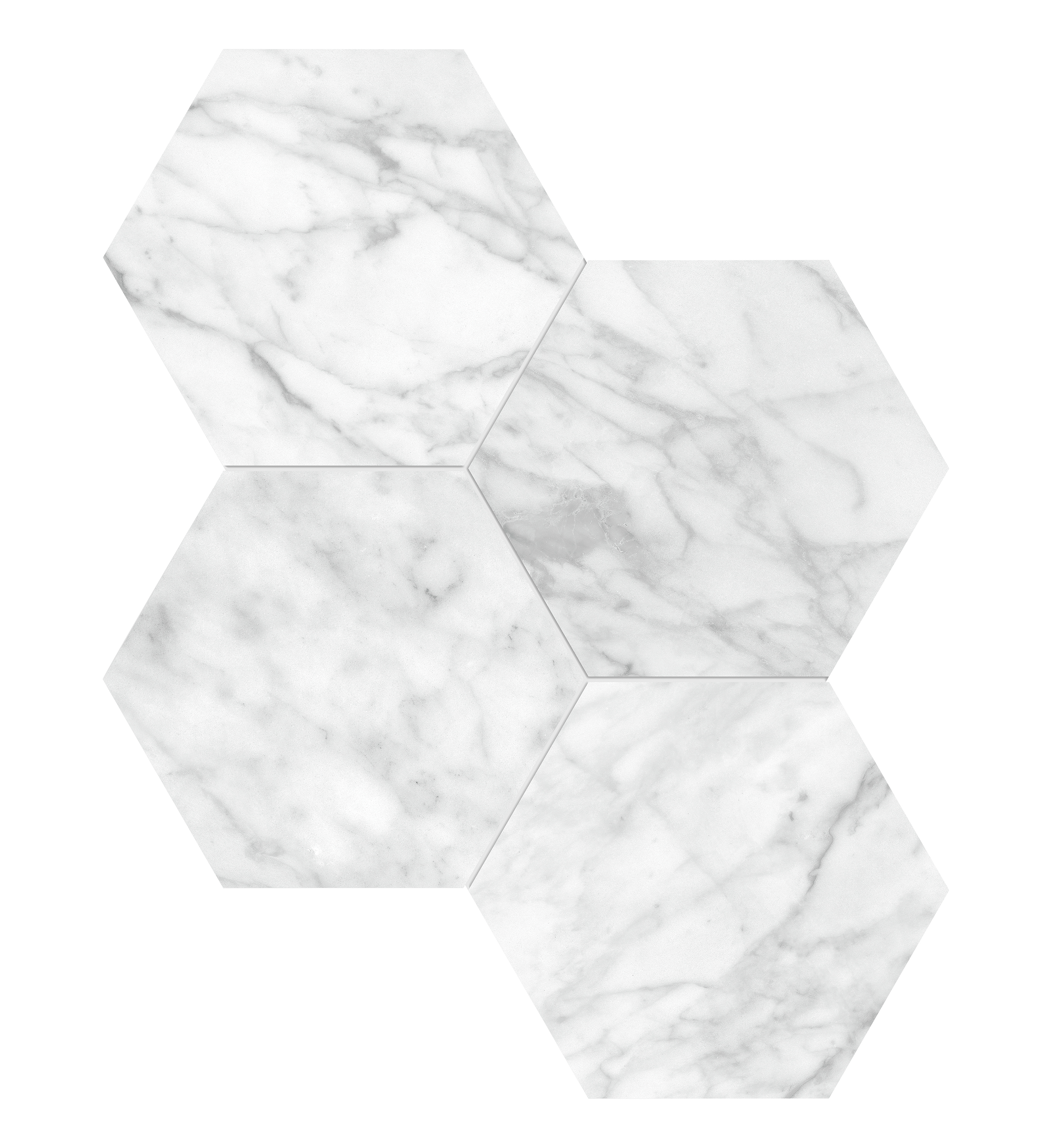 carrara gioia hexagon 6-inch pattern glazed porcelain mosaic from la marca anatolia collection distributed by surface group international honed finish straight edge edge mesh shape