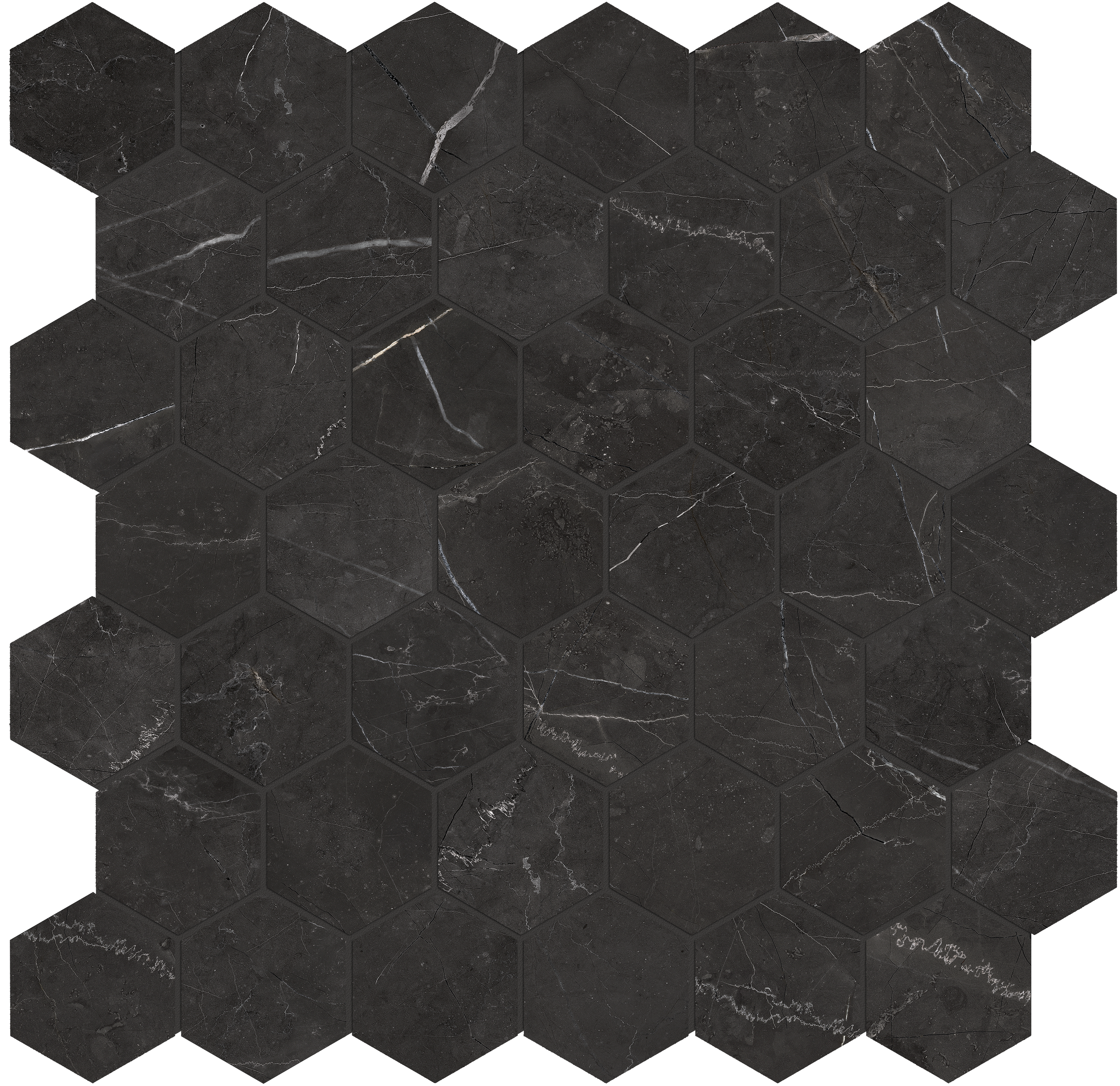 nero venato hexagon 2-inch pattern glazed porcelain mosaic from la marca anatolia collection distributed by surface group international polished finish straight edge edge mesh shape