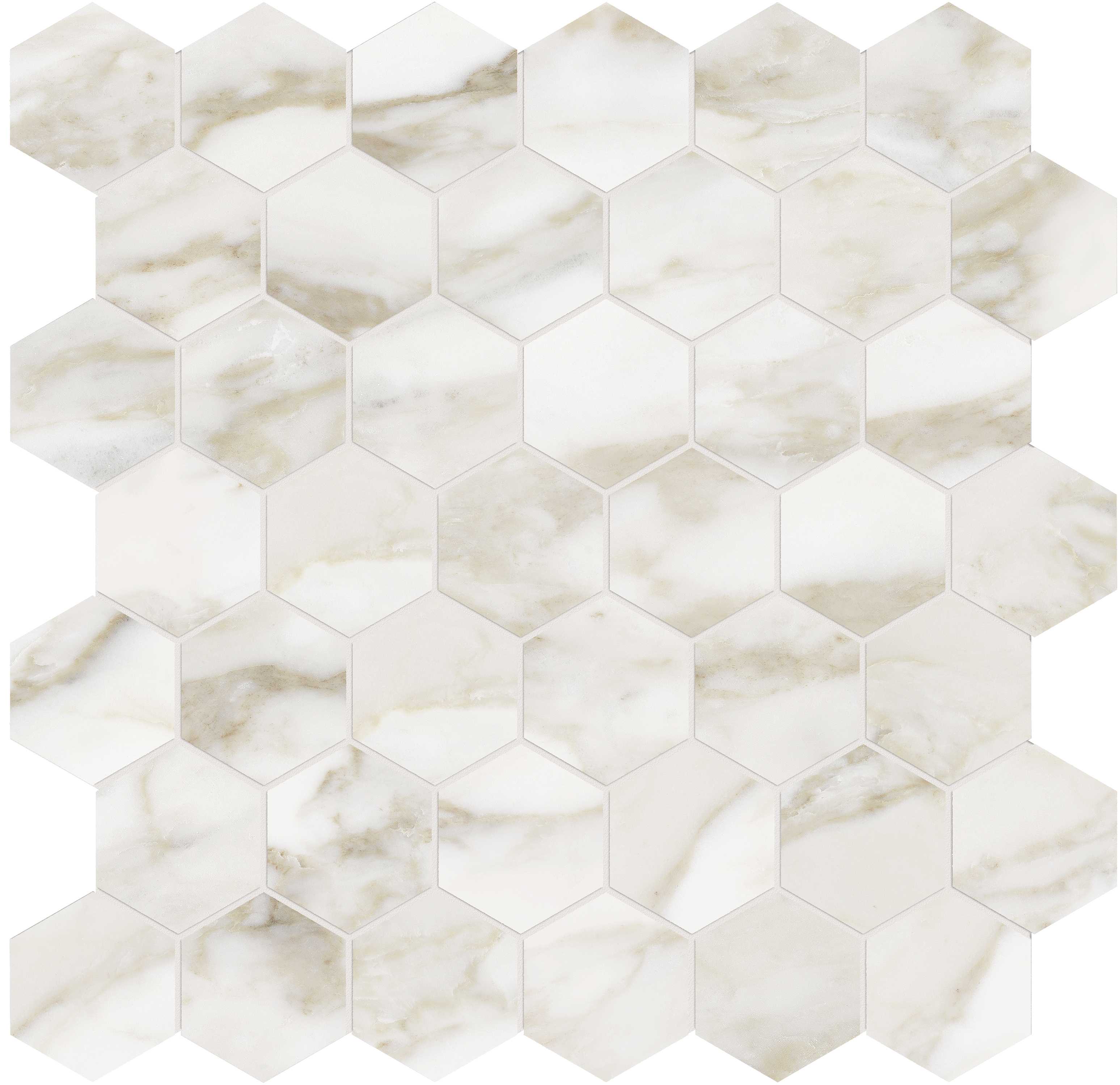 calacatta paonazzo hexagon 2-inch pattern glazed porcelain mosaic from la marca anatolia collection distributed by surface group international polished finish straight edge edge mesh shape