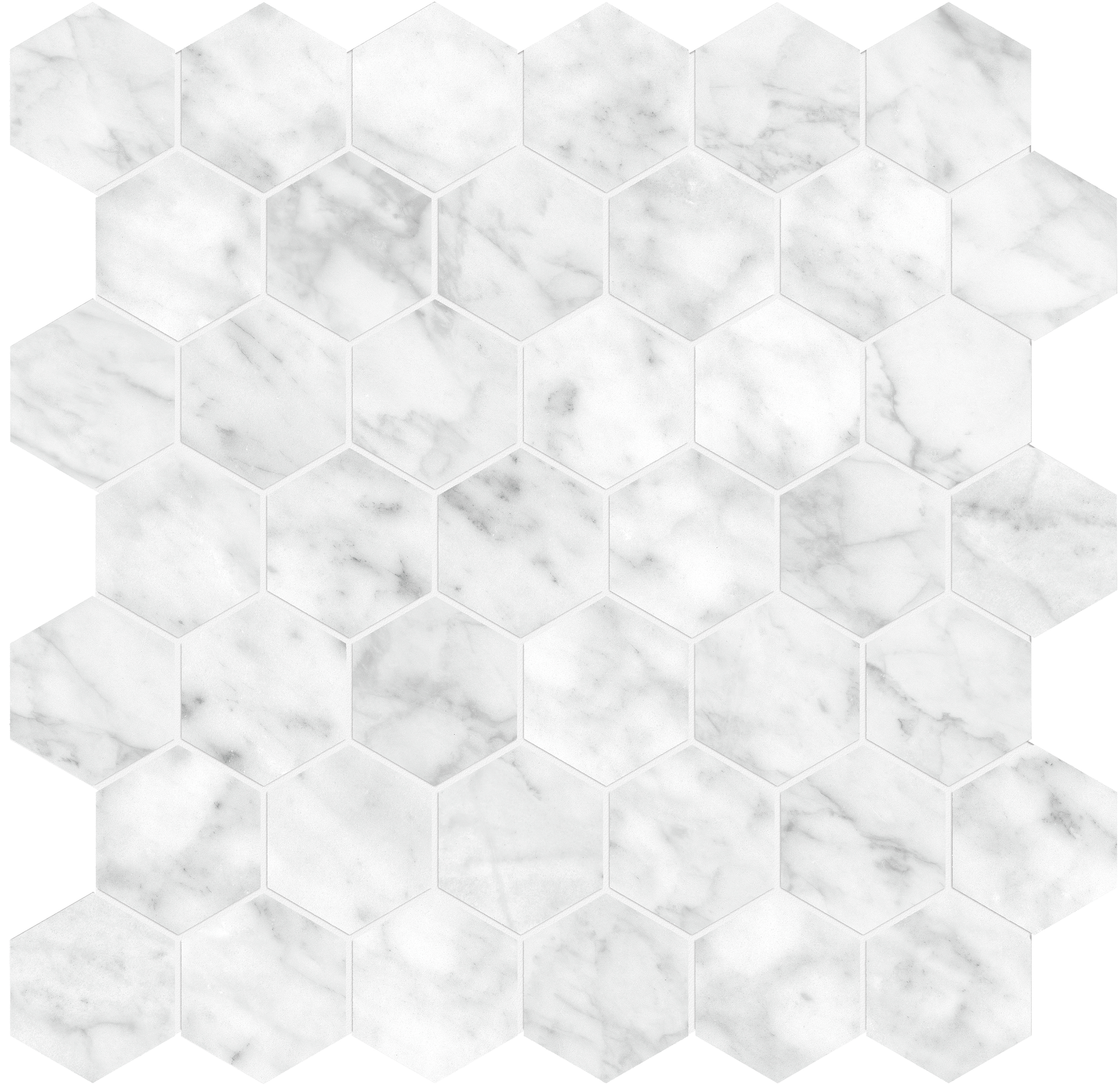 carrara gioia hexagon 2-inch pattern glazed porcelain mosaic from la marca anatolia collection distributed by surface group international polished finish straight edge edge mesh shape