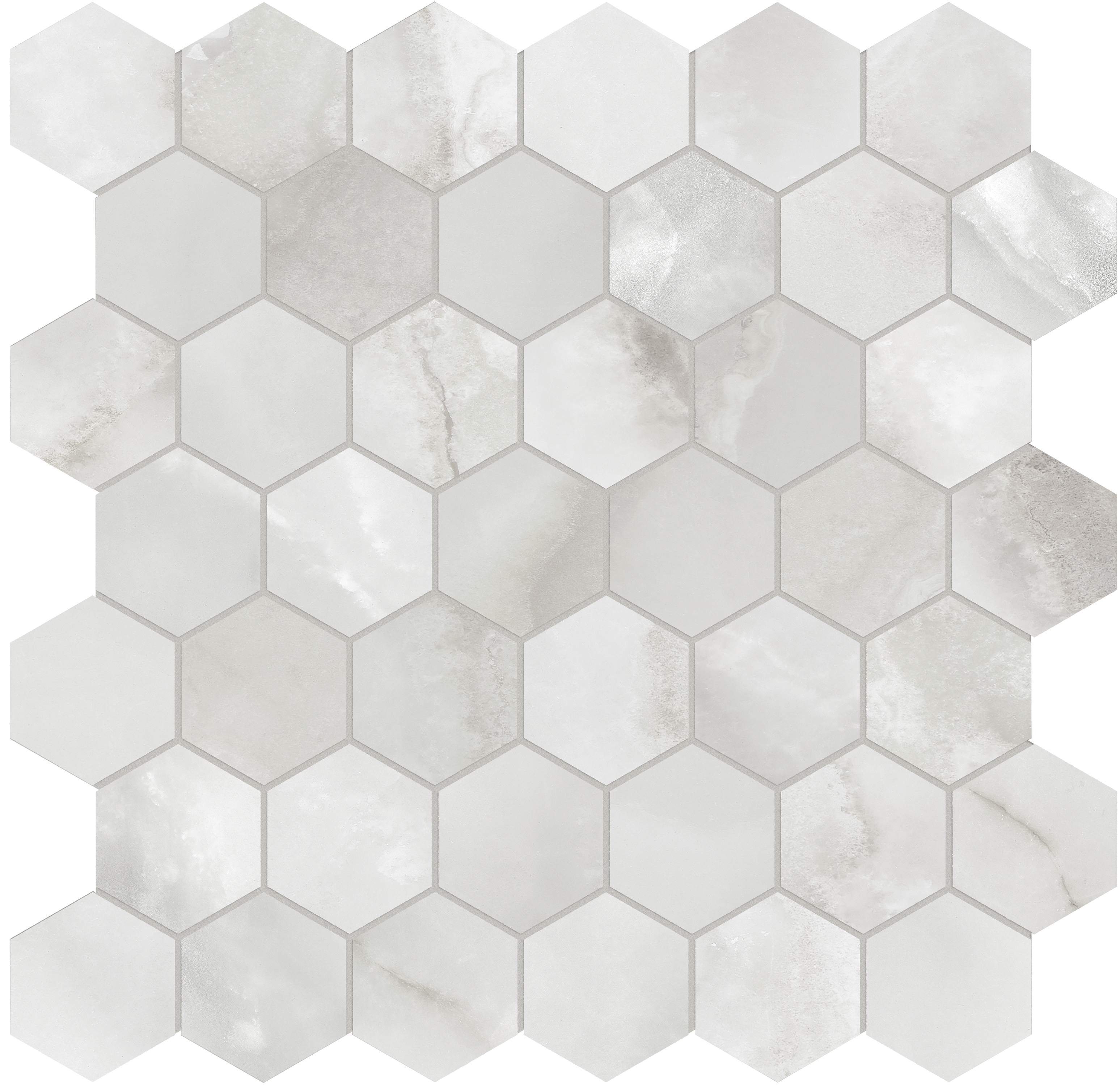 onyx nuvolato hexagon 2-inch pattern glazed porcelain mosaic from la marca anatolia collection distributed by surface group international polished finish straight edge edge mesh shape