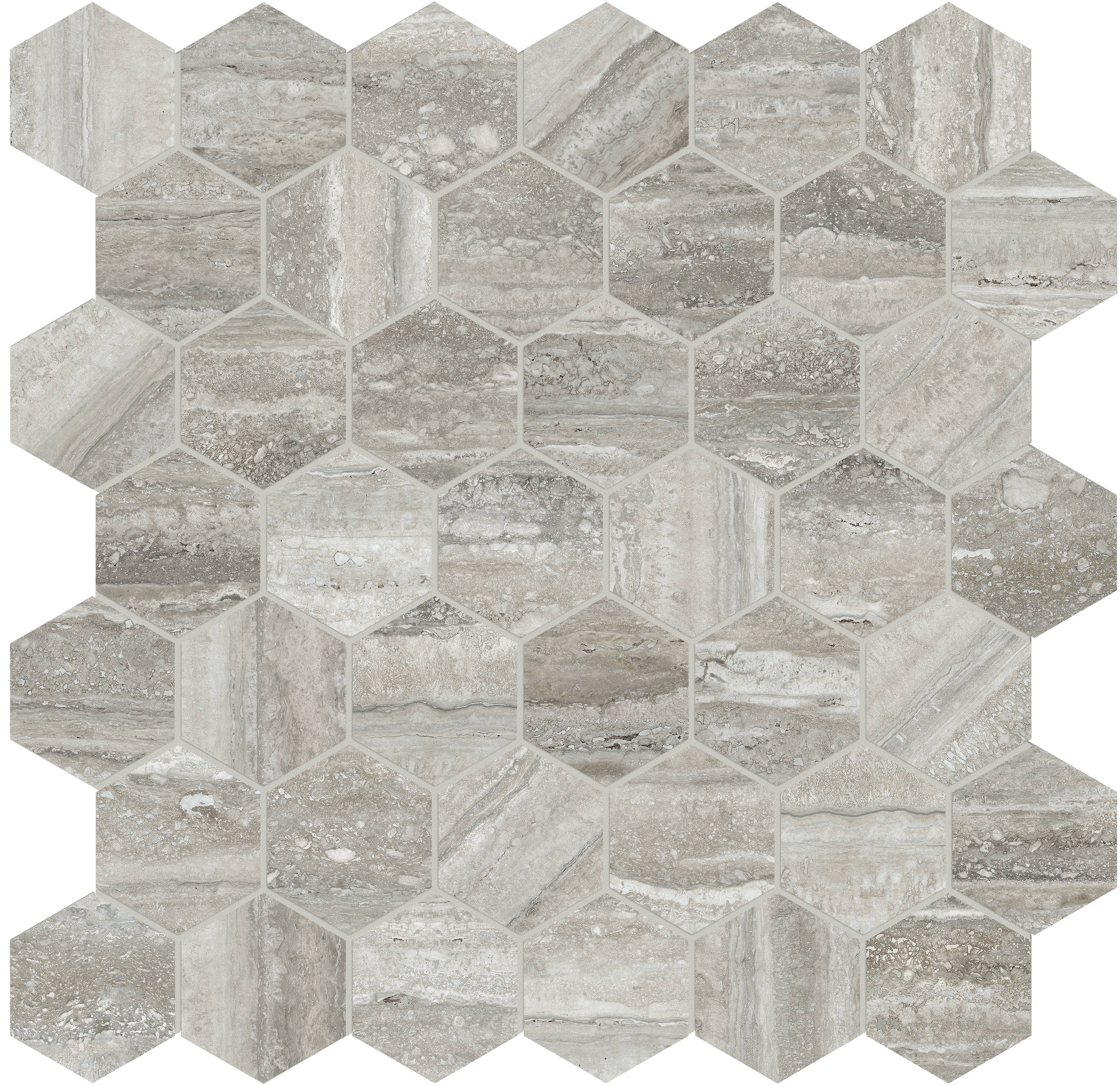 travertino instrata hexagon 2-inch pattern glazed porcelain mosaic from la marca anatolia collection distributed by surface group international polished finish straight edge edge mesh shape