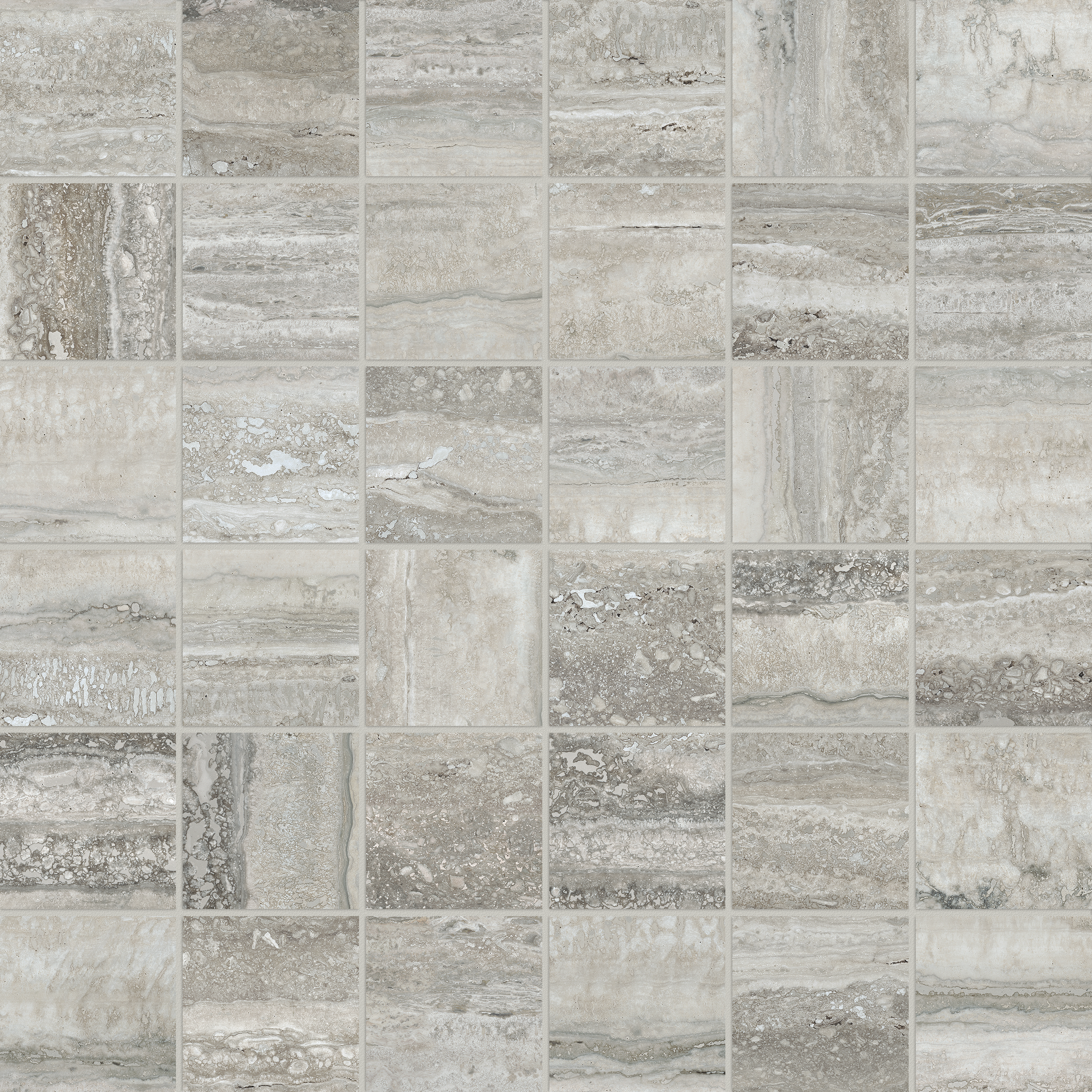 travertino instrata straight stack 2x2-inch pattern glazed porcelain mosaic from la marca anatolia collection distributed by surface group international honed finish straight edge edge mesh shape