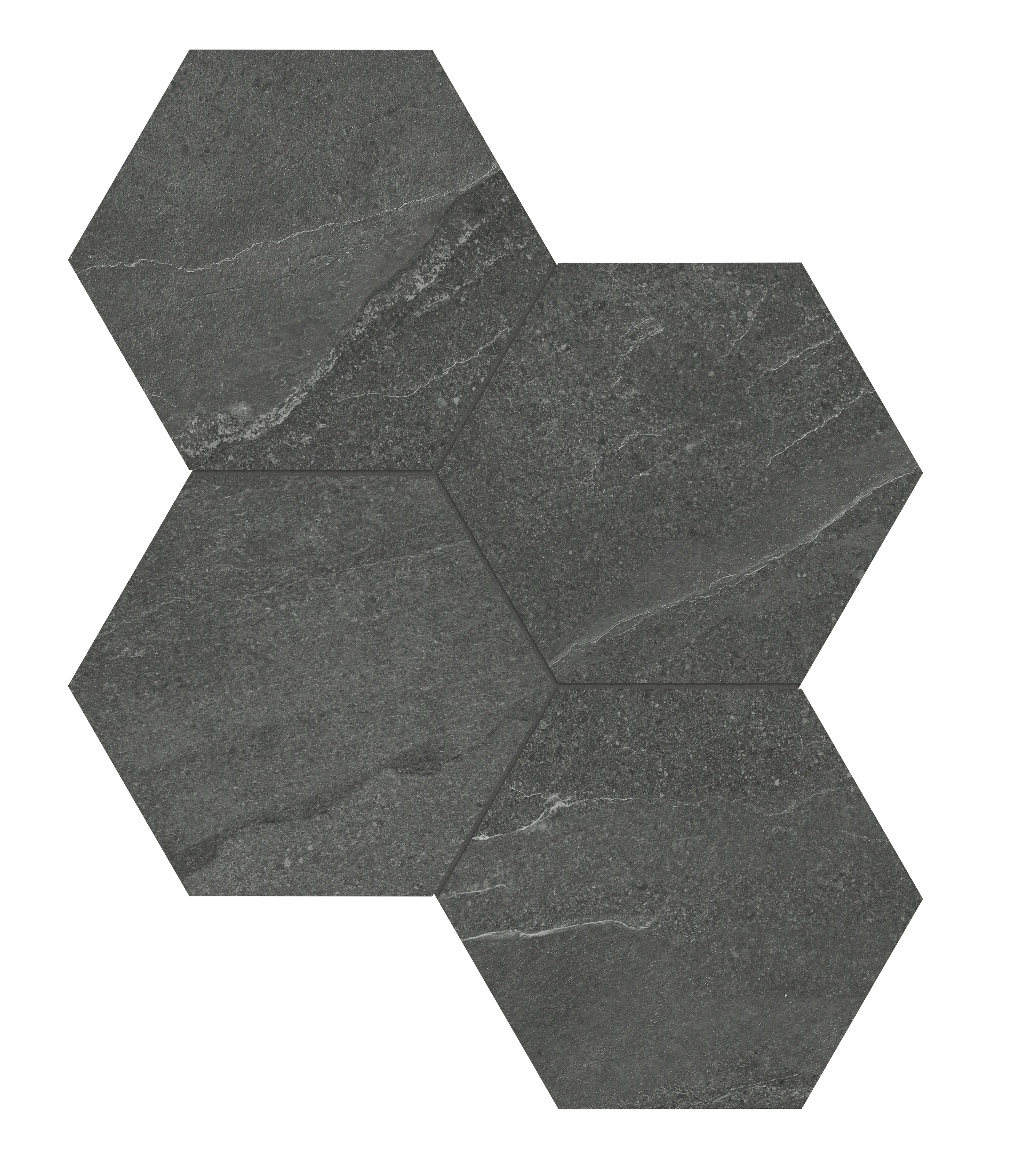 carbon hexagon 6-inch pattern color body porcelain mosaic from nord anatolia collection distributed by surface group international matte finish straight edge edge mesh shape