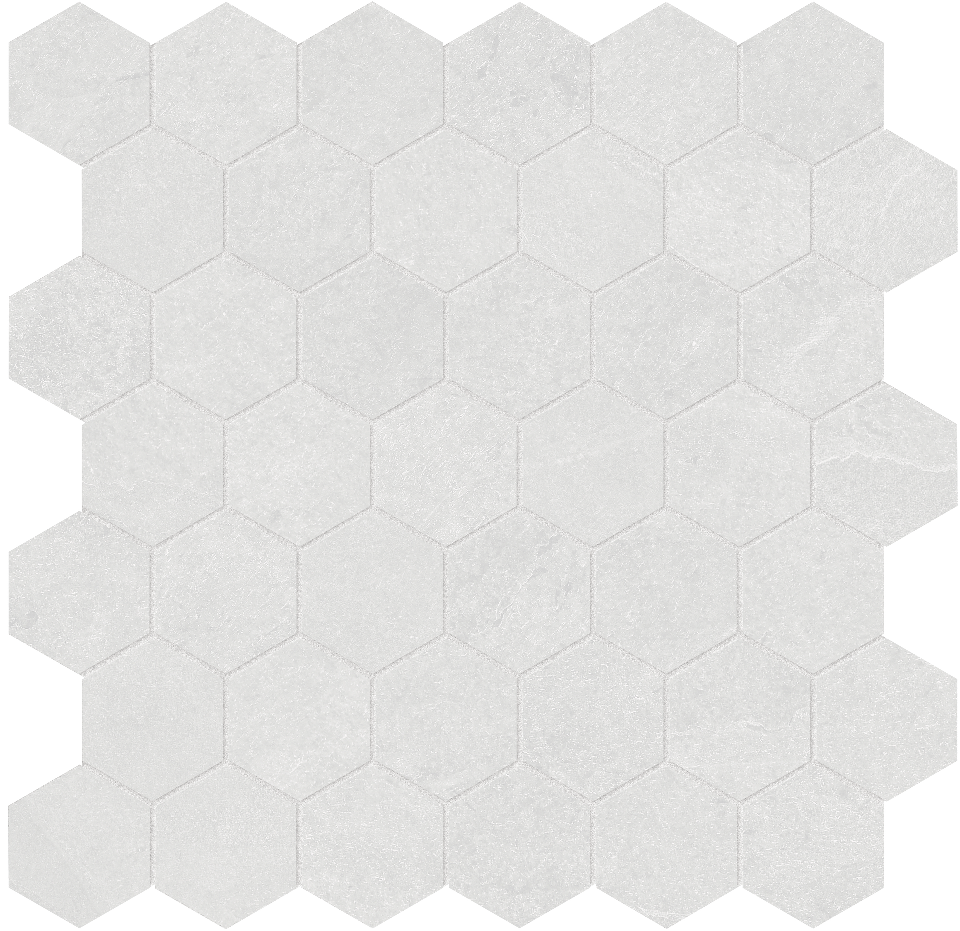 lithium hexagon 2-inch pattern color body porcelain mosaic from nord anatolia collection distributed by surface group international matte finish straight edge edge mesh shape