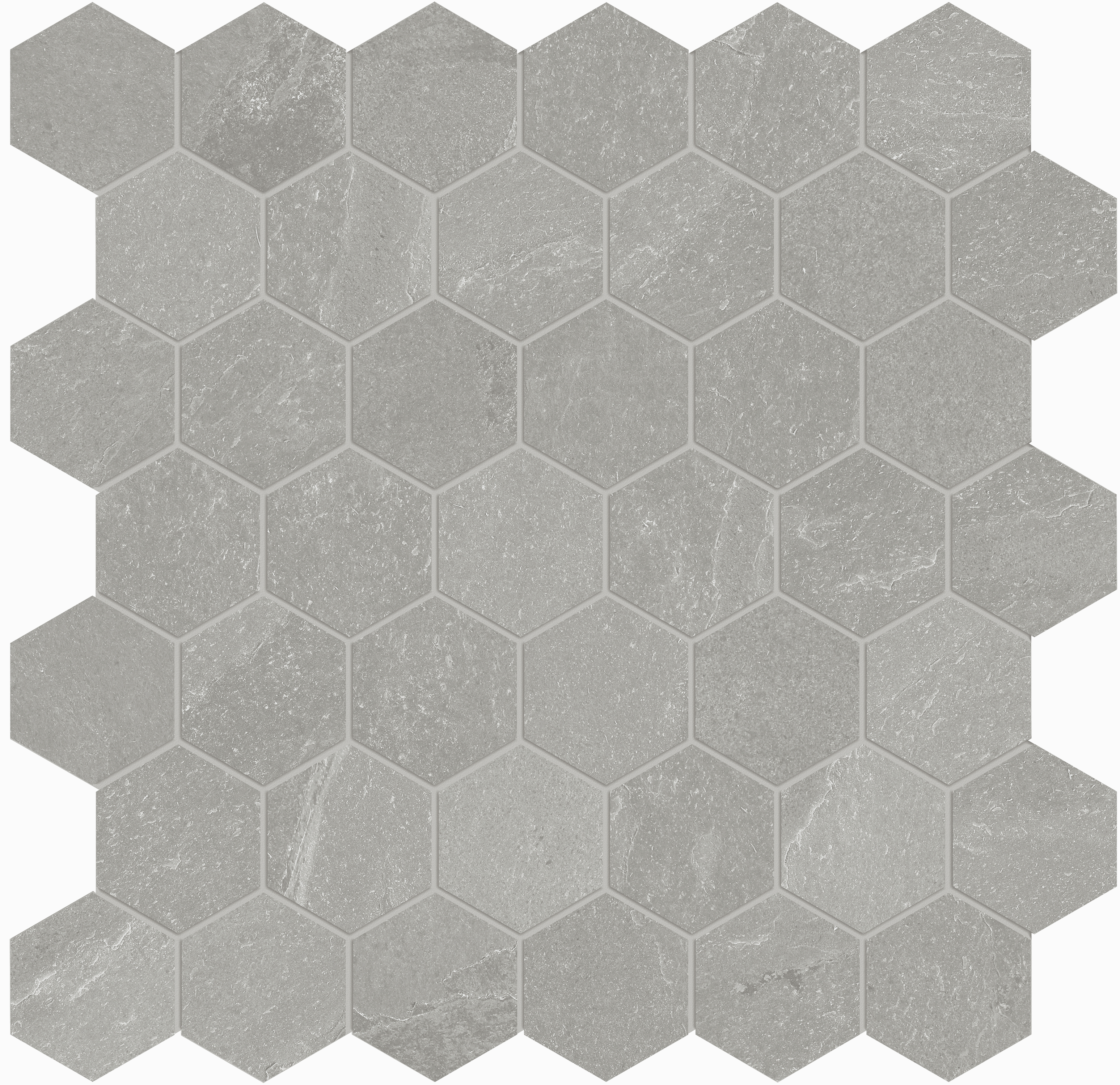 palladium hexagon 2-inch pattern color body porcelain mosaic from nord anatolia collection distributed by surface group international matte finish straight edge edge mesh shape