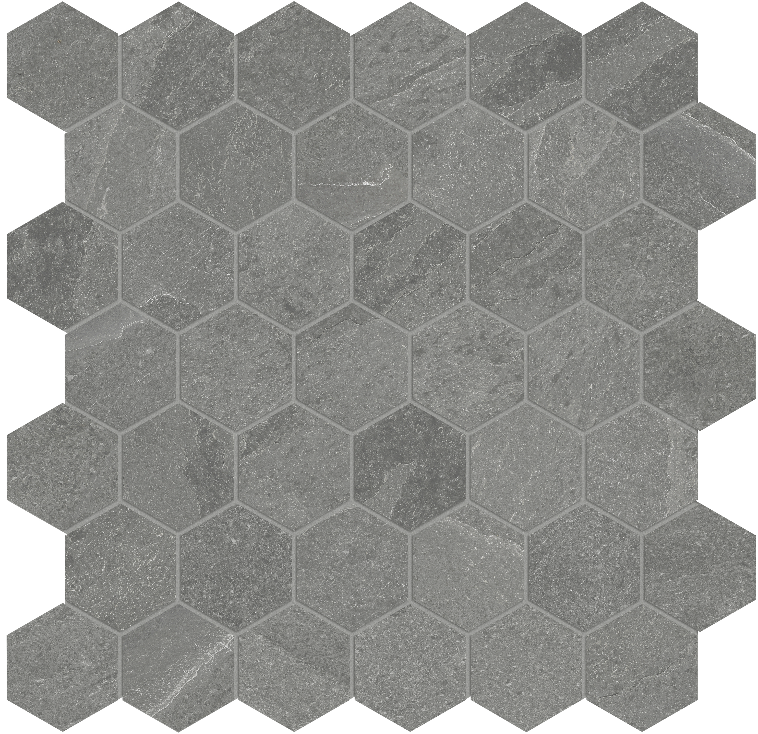 chromium hexagon 2-inch pattern color body porcelain mosaic from nord anatolia collection distributed by surface group international matte finish straight edge edge mesh shape