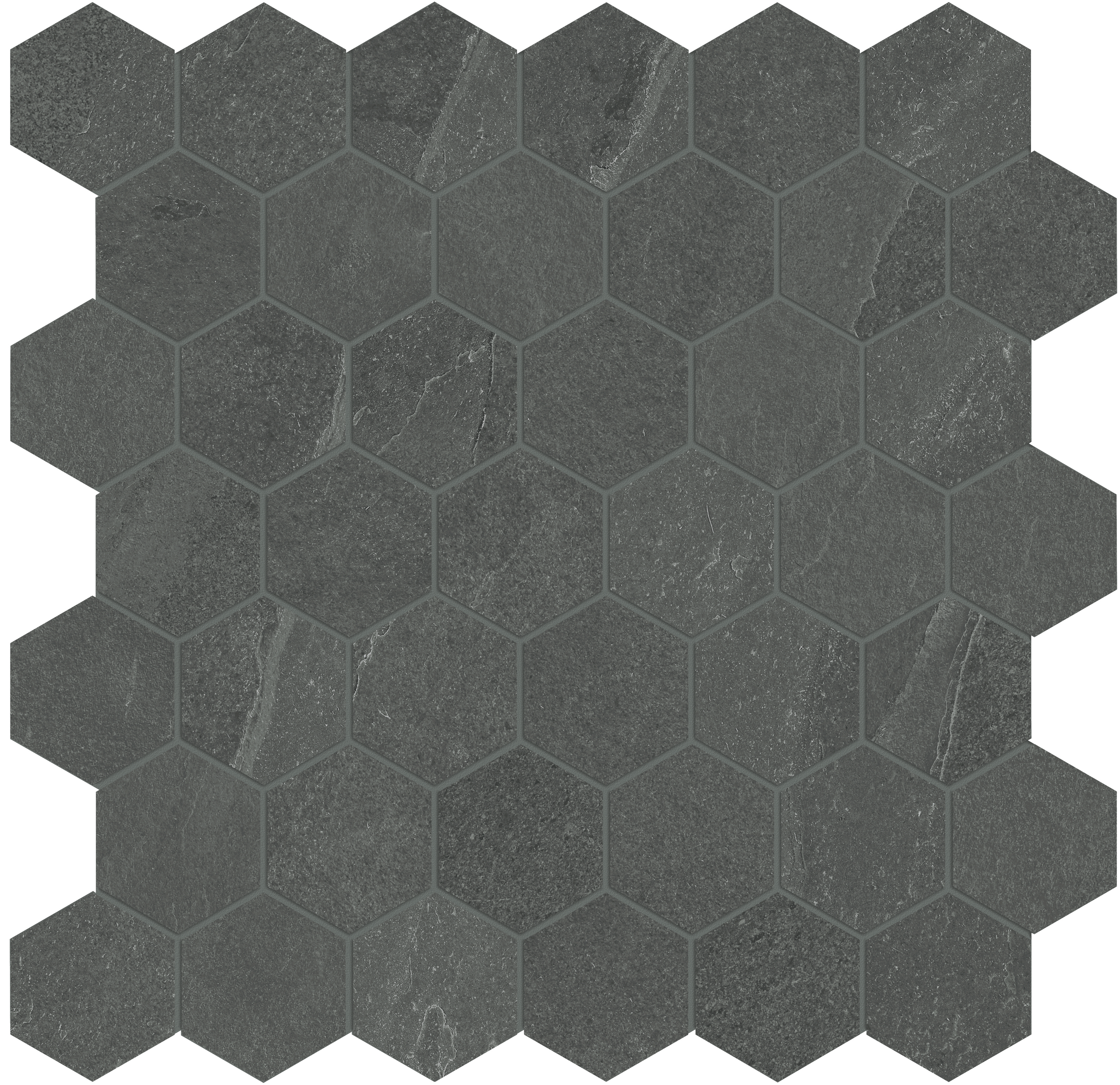 carbon hexagon 2-inch pattern color body porcelain mosaic from nord anatolia collection distributed by surface group international matte finish straight edge edge mesh shape