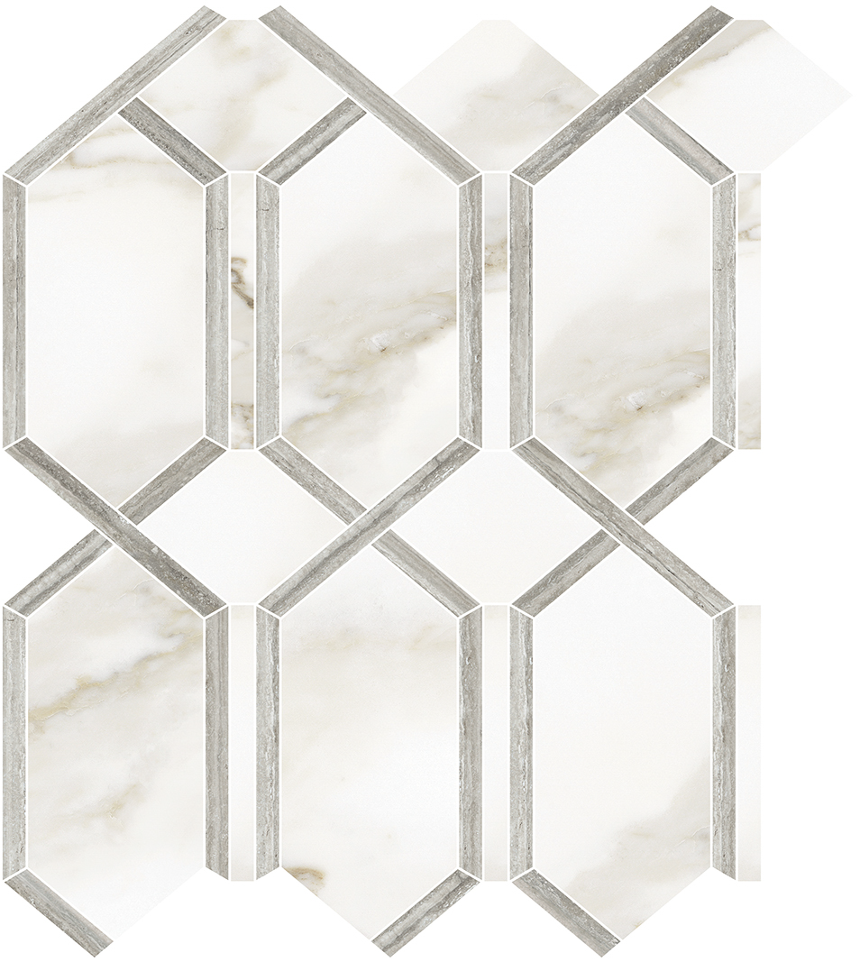 calacatta paonazzo modella pattern glazed porcelain mosaic from la marca anatolia collection distributed by surface group international polished finish straight edge edge mesh shape