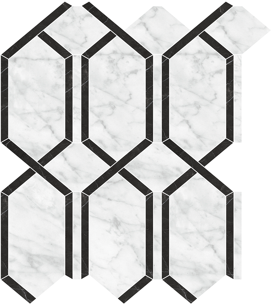 carrara gioia modella pattern glazed porcelain mosaic from la marca anatolia collection distributed by surface group international polished finish straight edge edge mesh shape