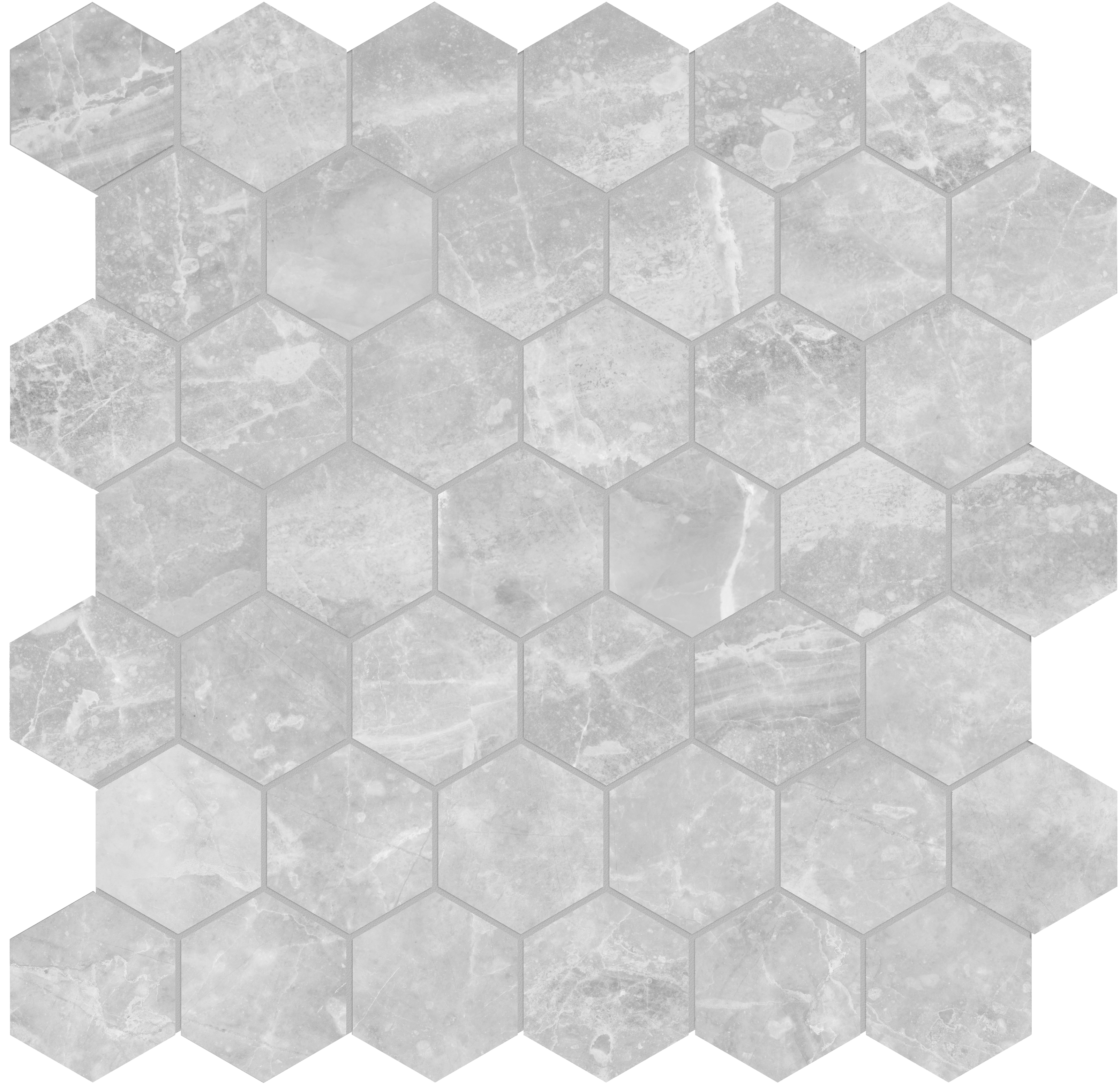 perla grigia hexagon 2-inch pattern glazed porcelain mosaic from plata anatolia collection distributed by surface group international polished finish rectified edge mesh shape