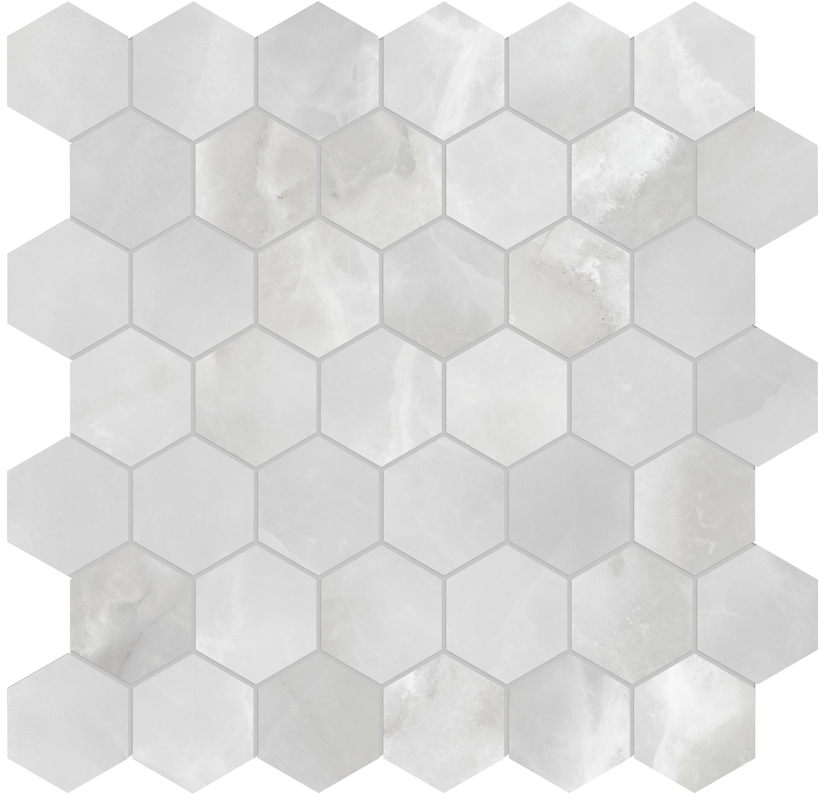 onyx crystallo hexagon 2-inch pattern glazed porcelain mosaic from plata anatolia collection distributed by surface group international polished finish rectified edge mesh shape