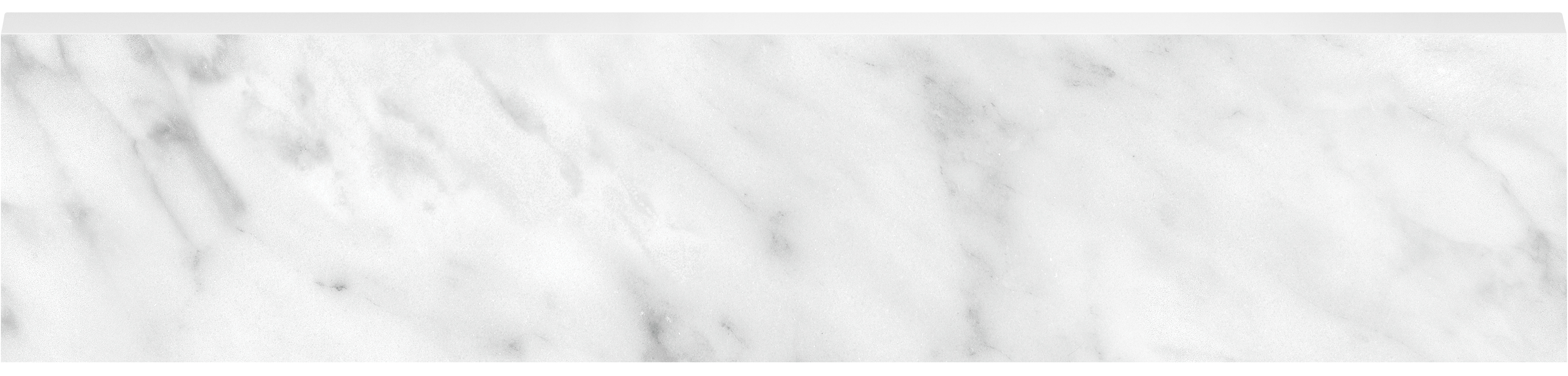 carrara gioia pattern glazed porcelain bullnose molding from la marca anatolia collection distributed by surface group international polished finish straight edge edge 3x12 bar shape