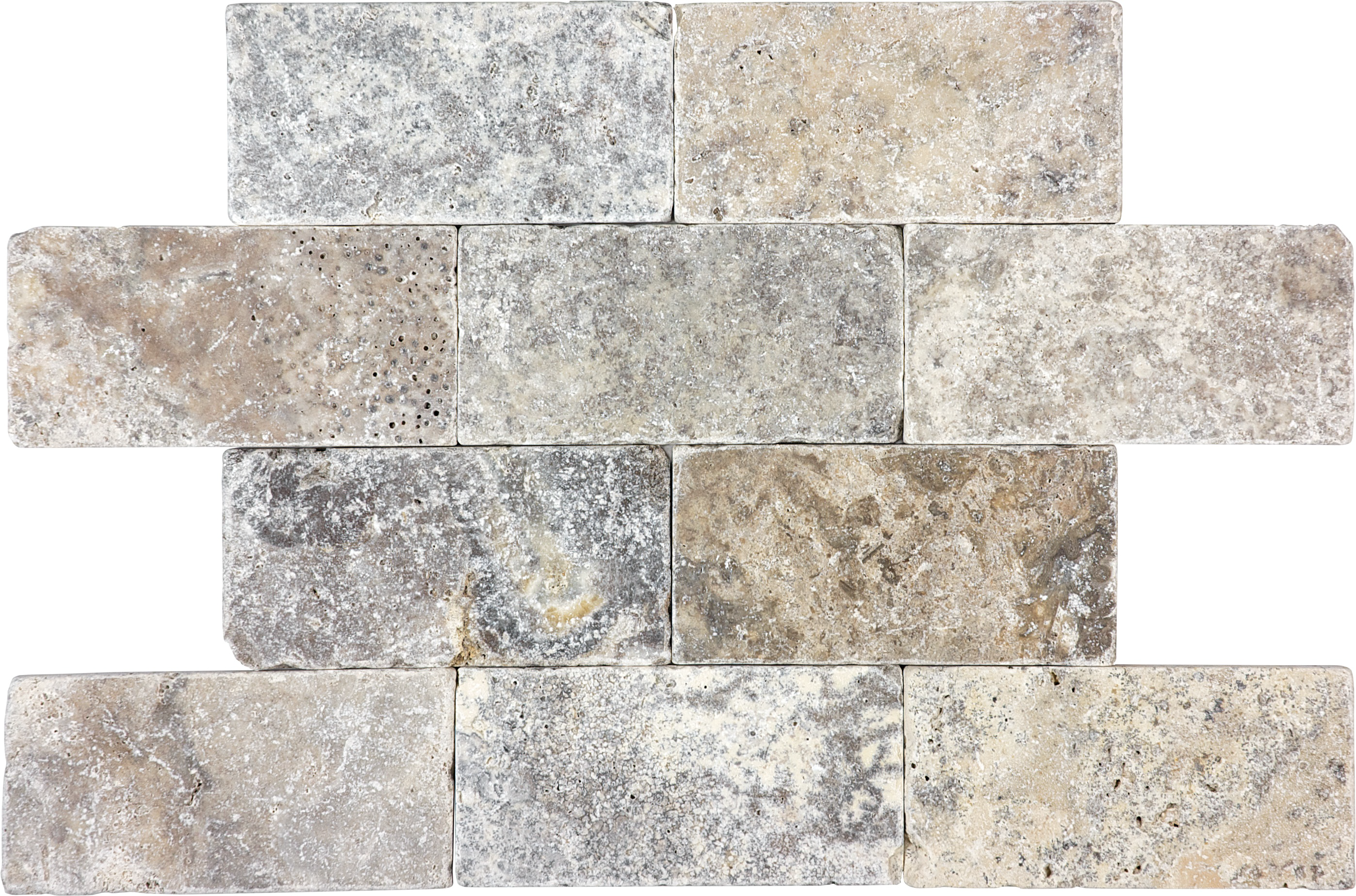 travertine pattern natural stone field tile from silver ash anatolia collection distributed by surface group international tumbled finish tumbled edge 3x6 rectangle shape