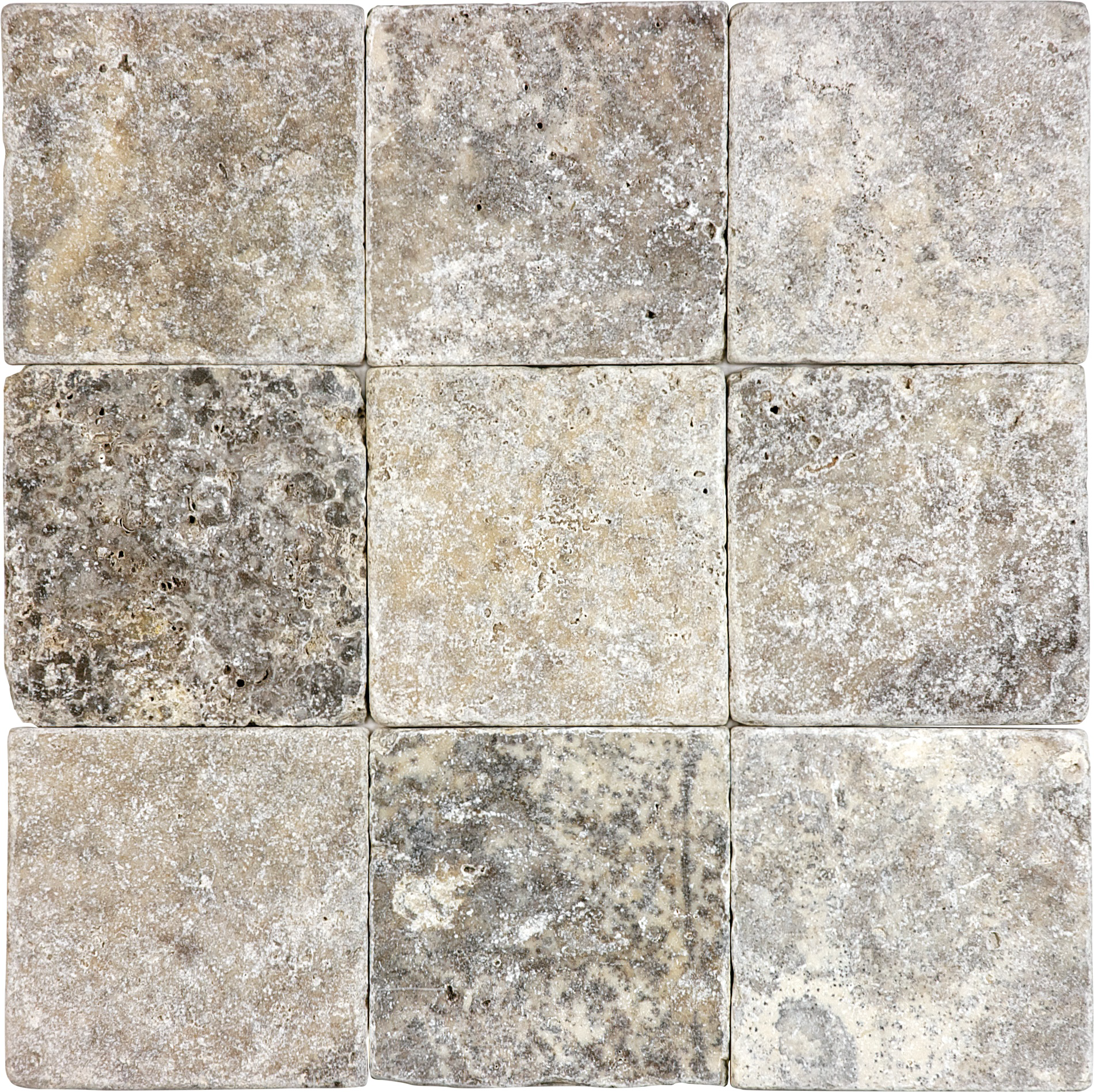travertine pattern natural stone field tile from silver ash anatolia collection distributed by surface group international tumbled finish tumbled edge 4x4 square shape