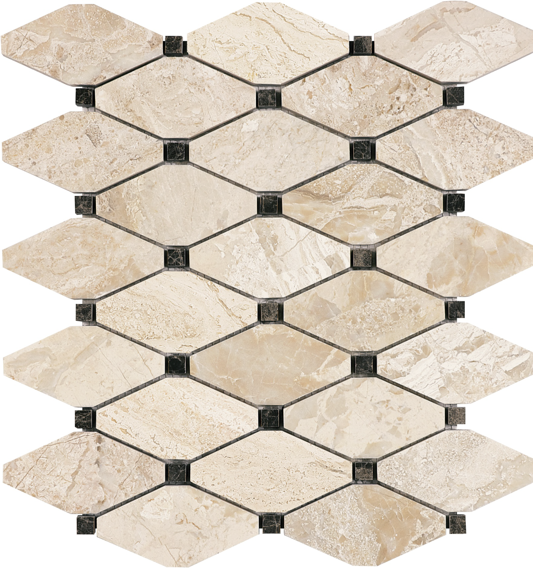 marble clipped diamond pattern natural stone mosaic from impero reale anatolia collection distributed by surface group international polished finish straight edge edge mesh shape