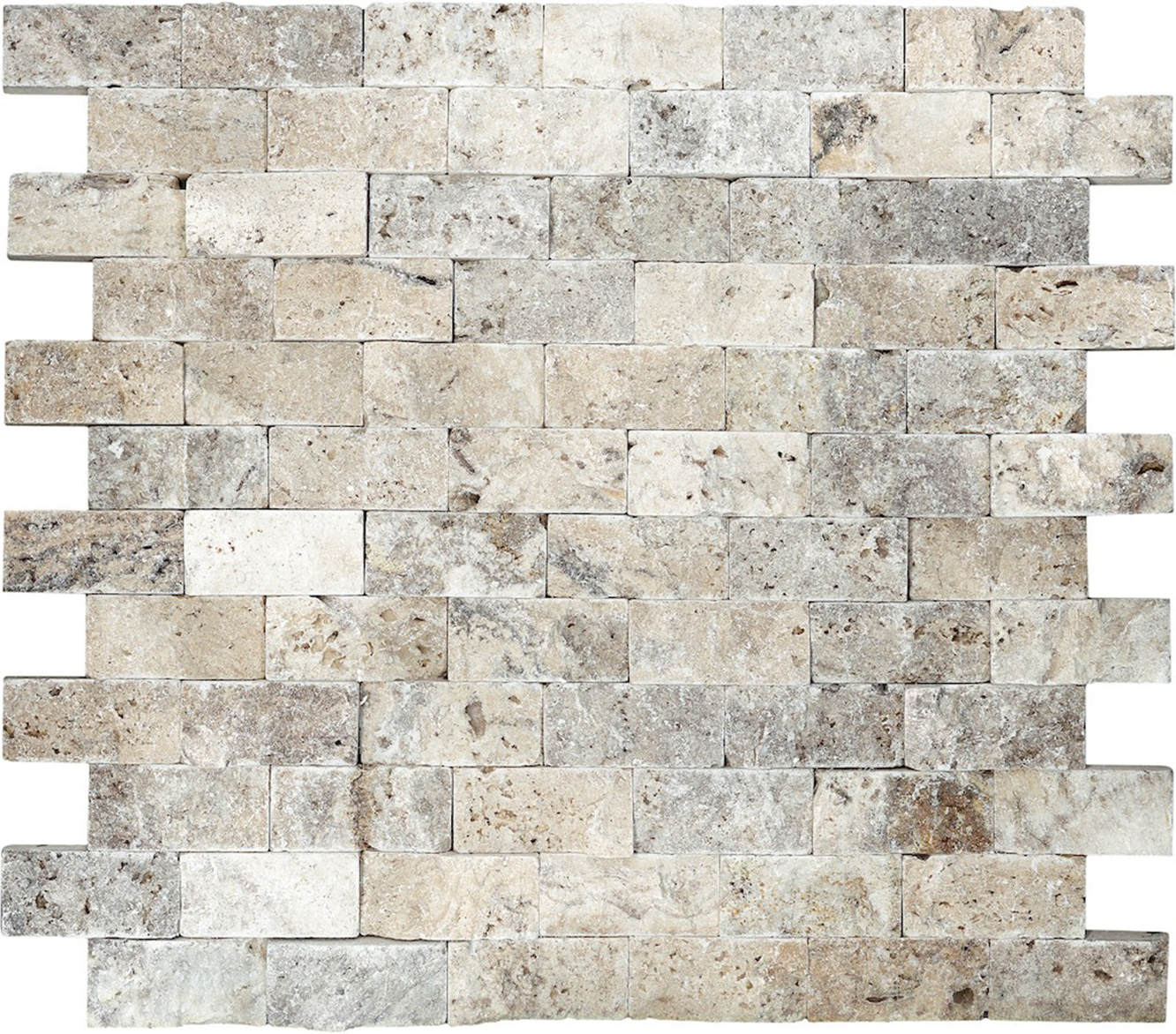 travertine brick offset 1x2-inch pattern natural stone mosaic from picasso anatolia collection distributed by surface group international split face finish straight edge edge mesh shape