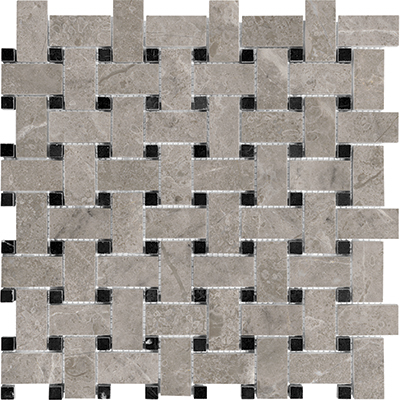 marble basketweave 2x2-inch pattern natural stone mosaic from ritz gray anatolia collection distributed by surface group international polished finish straight edge edge mesh shape