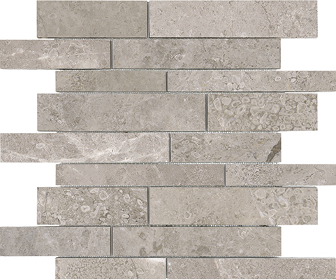 marble random strip pattern natural stone mosaic from ritz gray anatolia collection distributed by surface group international polished finish straight edge edge mesh shape