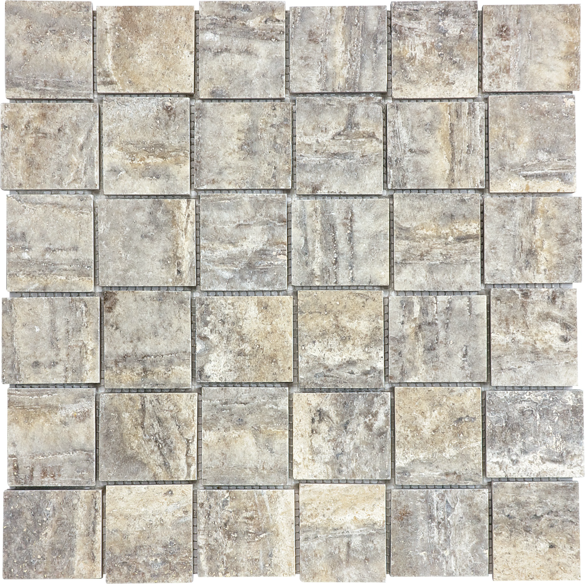 travertine veincut basketweave 2x2-inch pattern natural stone mosaic from silver ash anatolia collection distributed by surface group international honed finish straight edge edge mesh shape