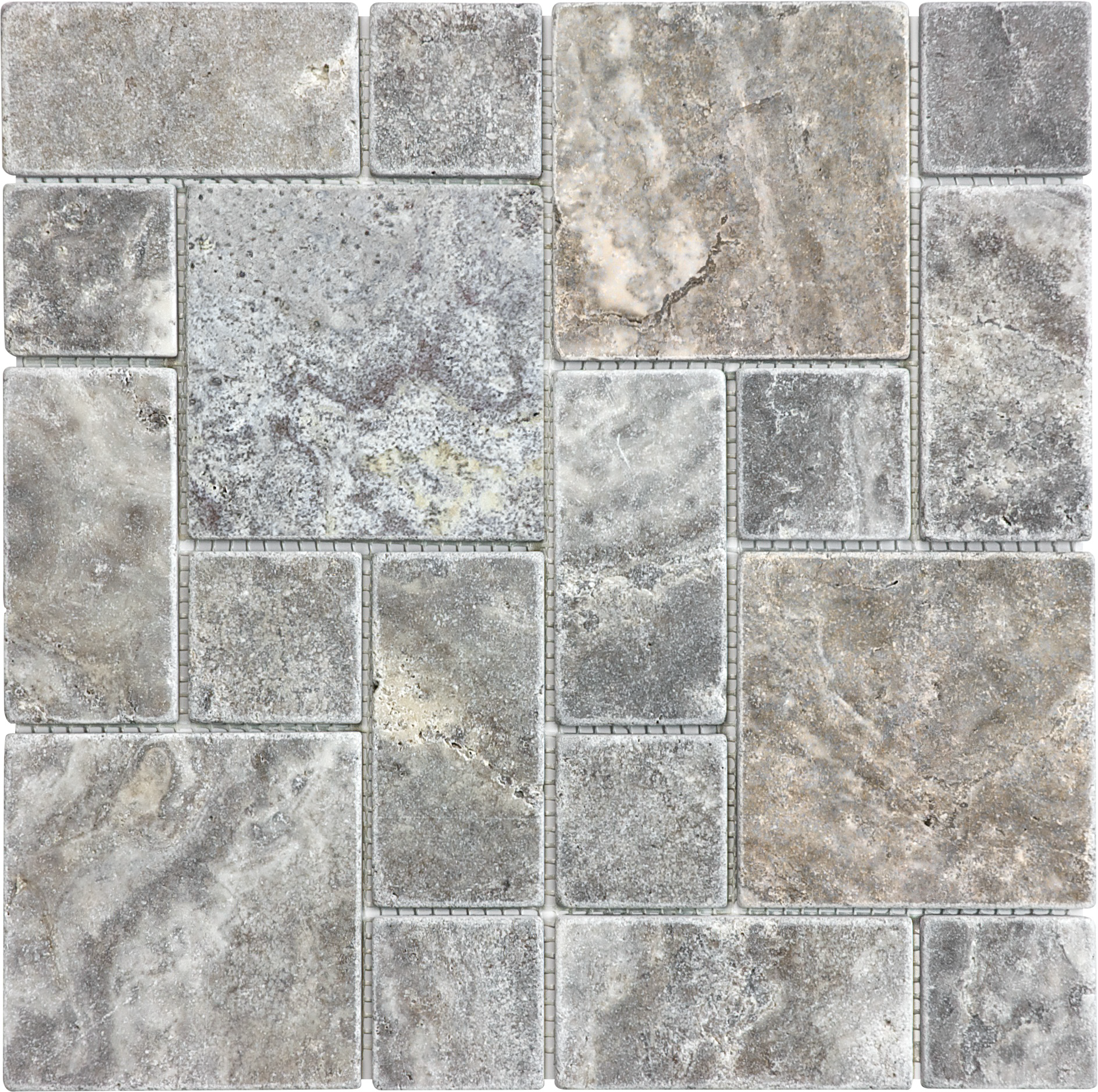 travertine roman pattern pattern natural stone mosaic from silver ash anatolia collection distributed by surface group international tumbled finish tumbled edge mesh shape