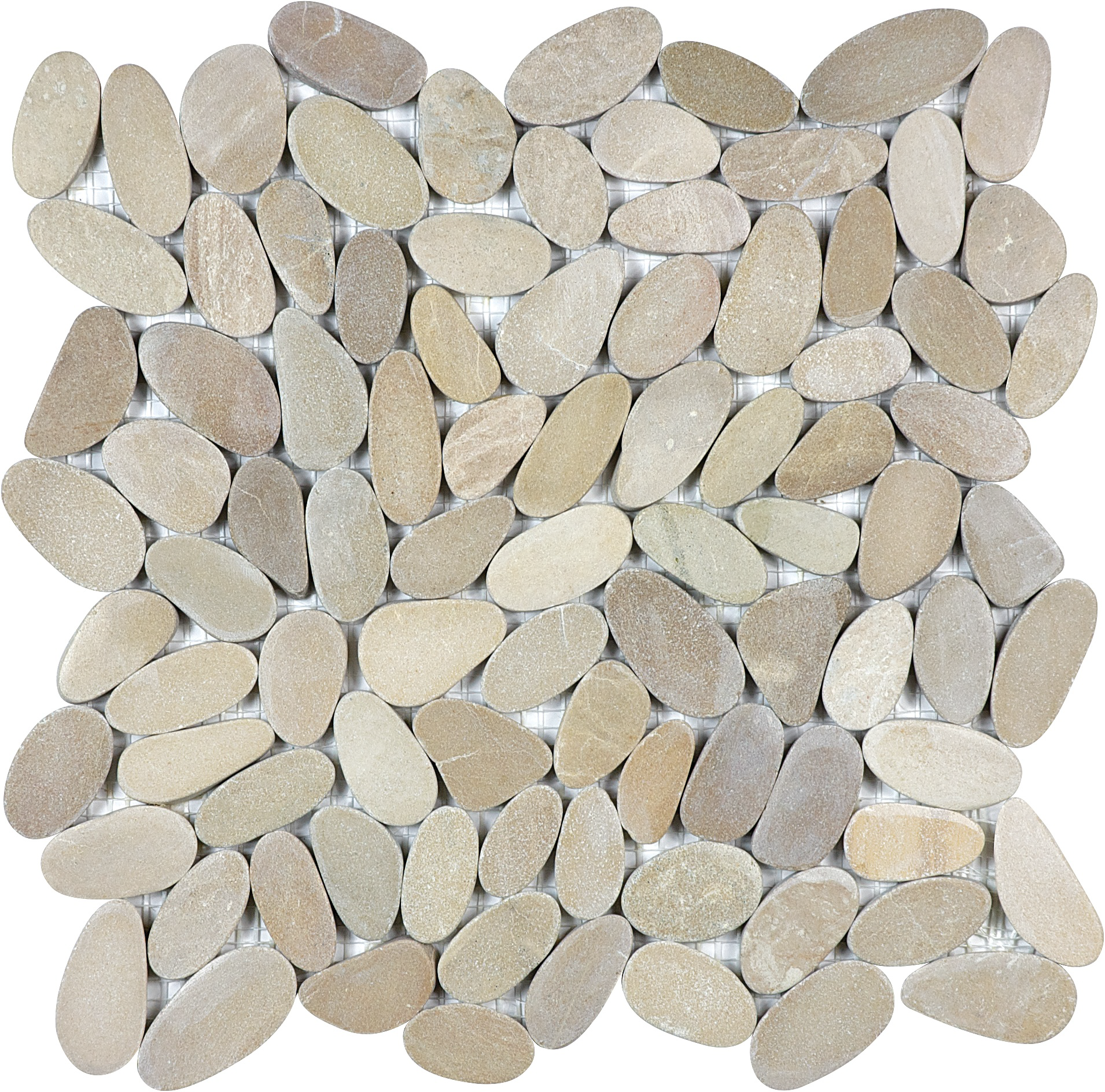 pebble driftwood tan flat pebble pattern natural stone mosaic from zen anatolia collection distributed by surface group international matte finish straight edge edge mesh shape