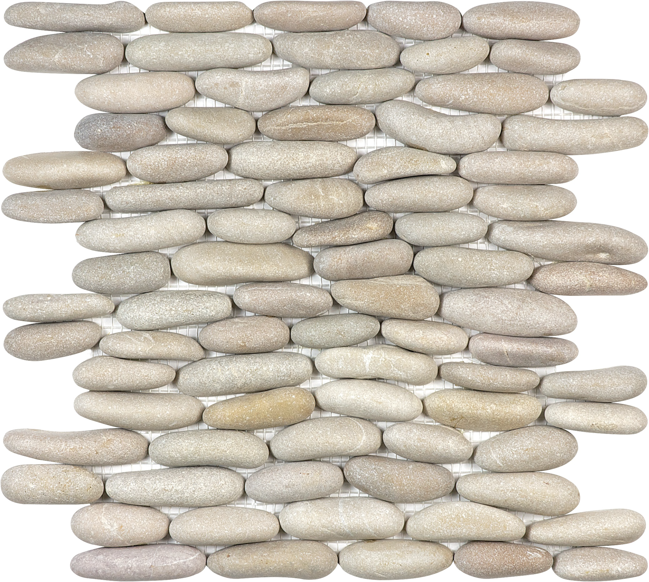 pebble driftwood tan stacked pebble pattern natural stone wall mosaic from zen anatolia collection distributed by surface group international matte finish straight edge edge mesh shape