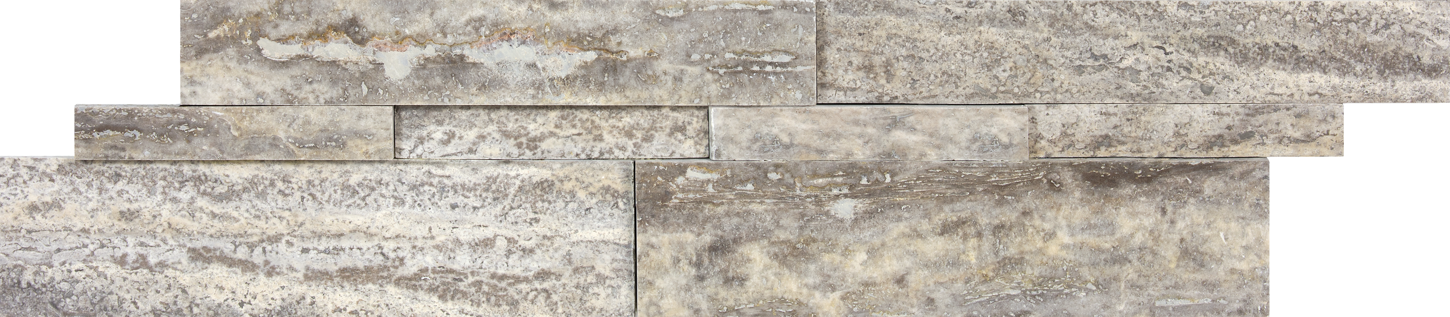 travertine silver ash pattern natural stone wall panel from cubics anatolia collection distributed by surface group international honed finish straight edge edge 6x24 interlocking shape