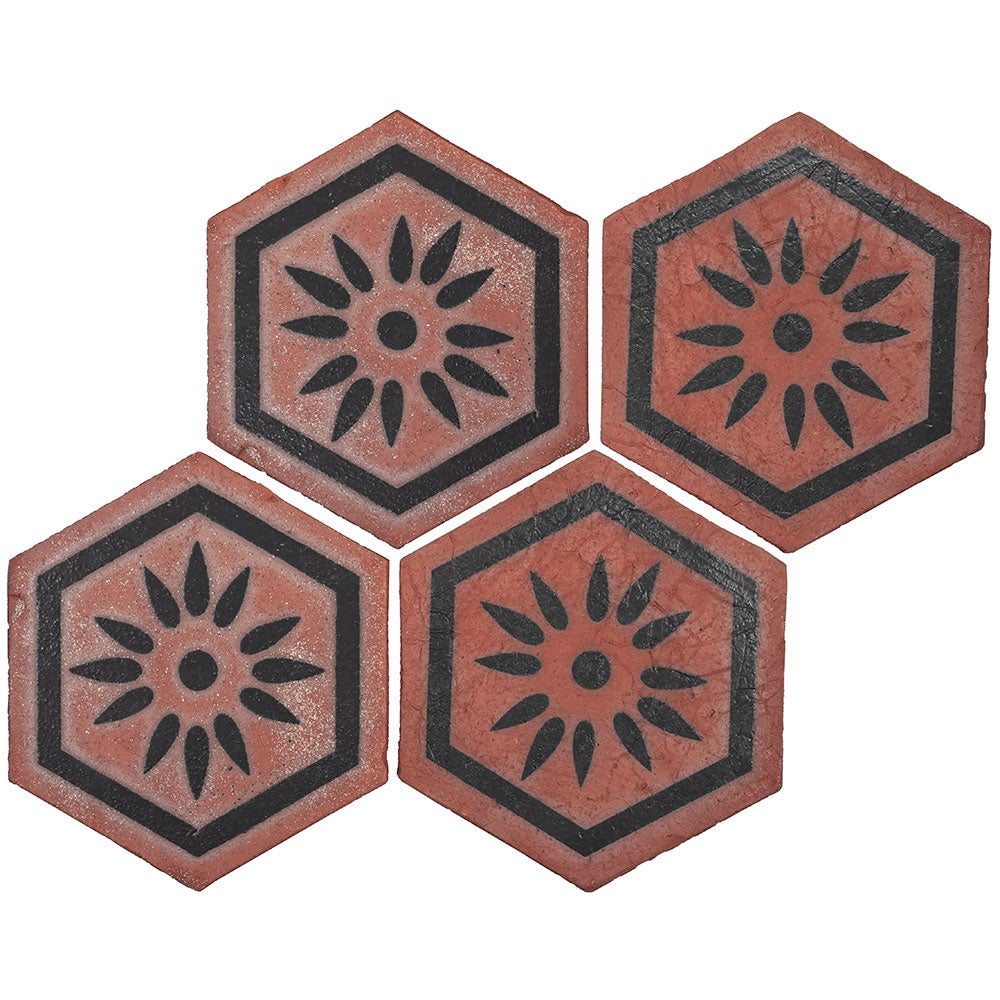 Tierra Madre 04 Studio Black Unglazed Terracotta Deco Hexagon Tile  (8-inch)