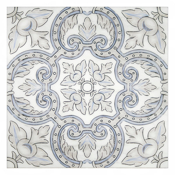 arya bay blue classic carrara natural marble square shape deco tile size 12 by 12 inch for interior kitchen and bathroom vanity backsplash wall and floor wet areas distributed by surface group and produced by artistic tile in united states