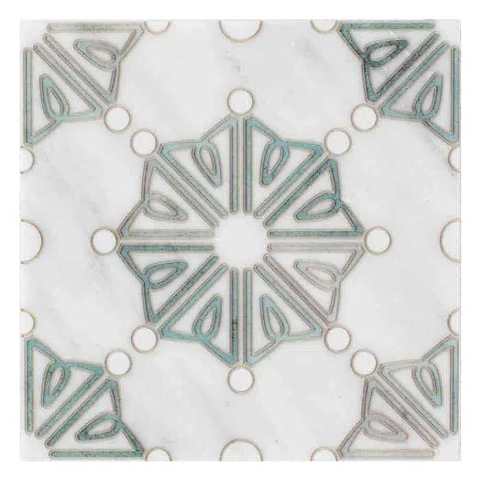 dahlia emerald bold carrara natural marble square shape deco tile size 12 by 12 inch for interior kitchen and bathroom vanity backsplash wall and floor wet areas distributed by surface group and produced by artistic tile in united states