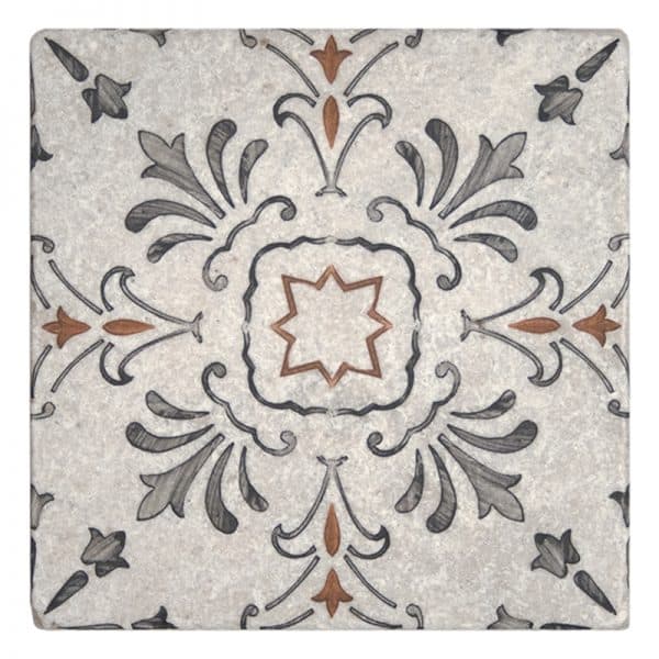 dana point persimmon hand painted look perle blanc natural limestone square shape deco tile size 6 by 6 inch for interior kitchen and bathroom vanity backsplash wall and floor wet areas distributed by surface group and produced by artistic tile in united states