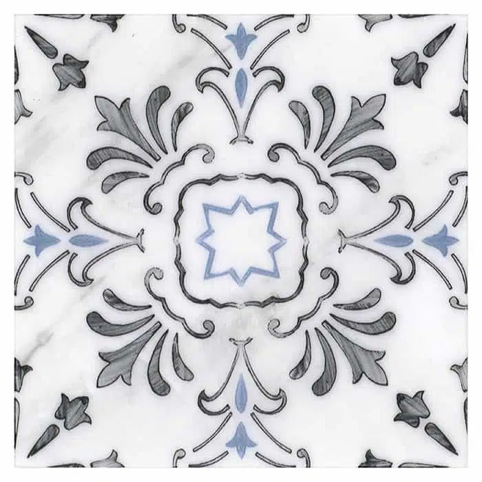dana point seabreeze hand painted look carrara natural marble square shape deco tile size 6 by 6 inch for interior kitchen and bathroom vanity backsplash wall and floor wet areas distributed by surface group and produced by artistic tile in united states