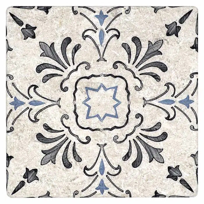 dana point seabreeze hand painted look perle blanc natural limestone square shape deco tile size 12 by 12 inch for interior kitchen and bathroom vanity backsplash wall and floor wet areas distributed by surface group and produced by artistic tile in united states